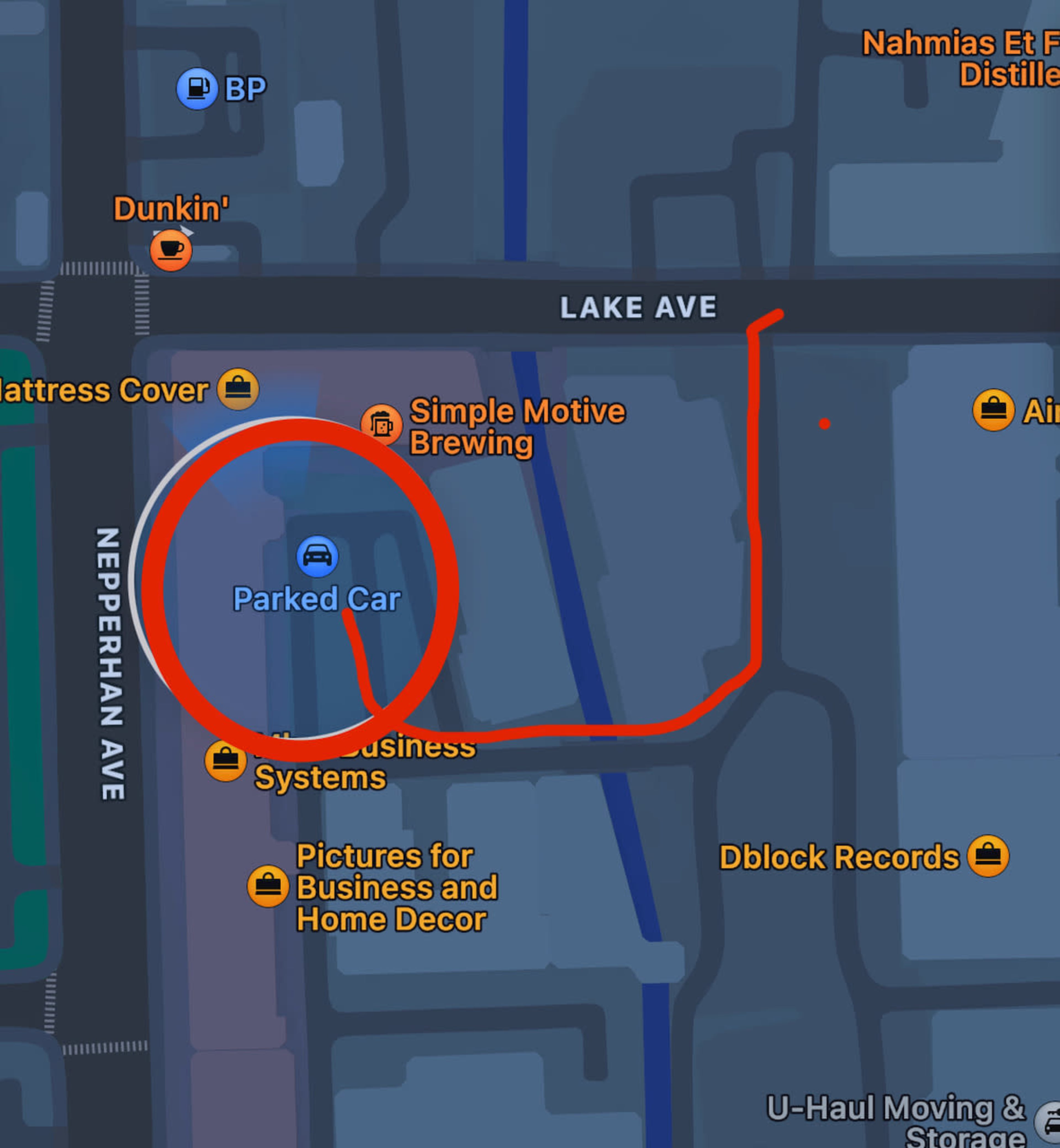 The map shows a route indicating a parked car near Simple Motive Brewing on Lake Avenue.