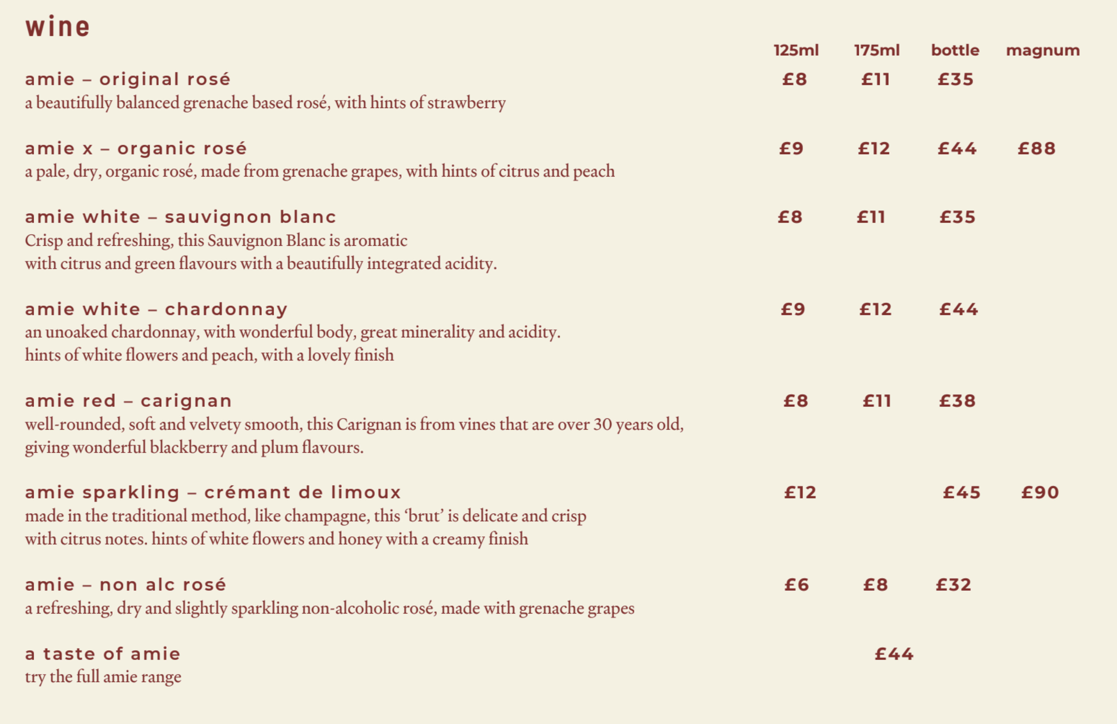 The image displays a wine menu with various options, prices, and descriptions for different types of wines available in multiple serving sizes.