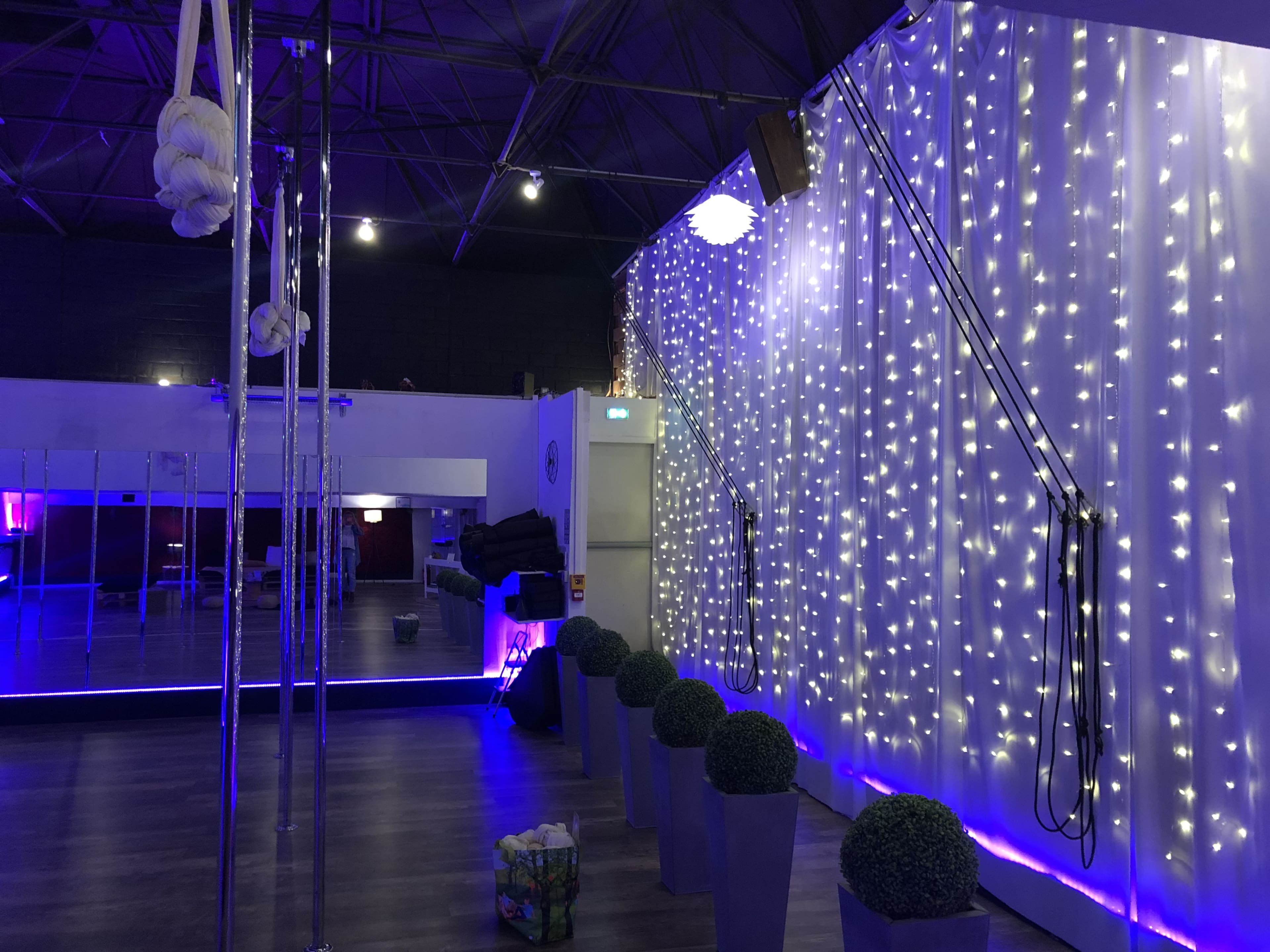 The image shows a studio interior featuring vertical poles, a backdrop of fairy lights, and potted plants.