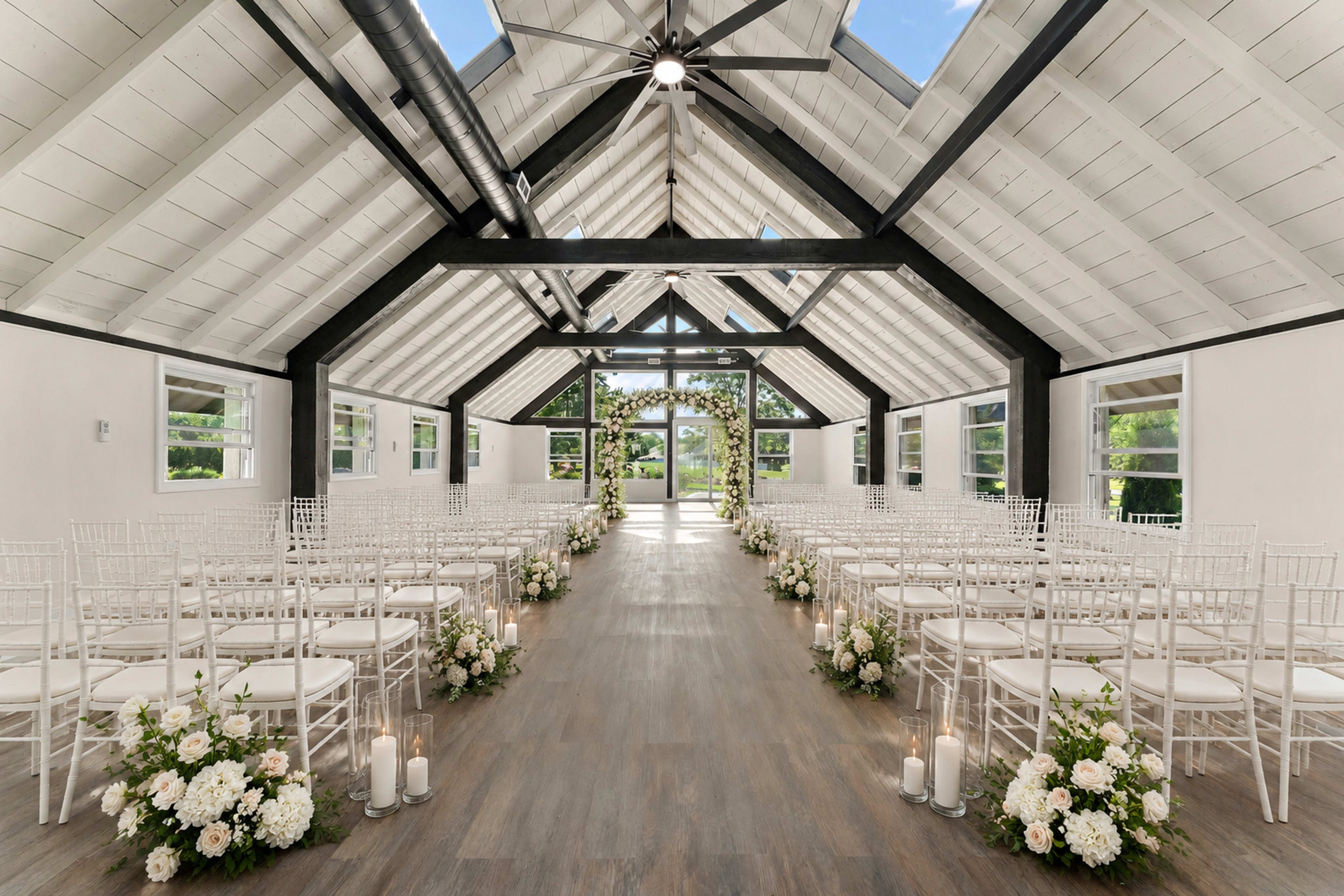 The image shows a well-decorated indoor wedding venue with rows of white chairs, floral arrangements along the aisle, and a floral arch at the front.