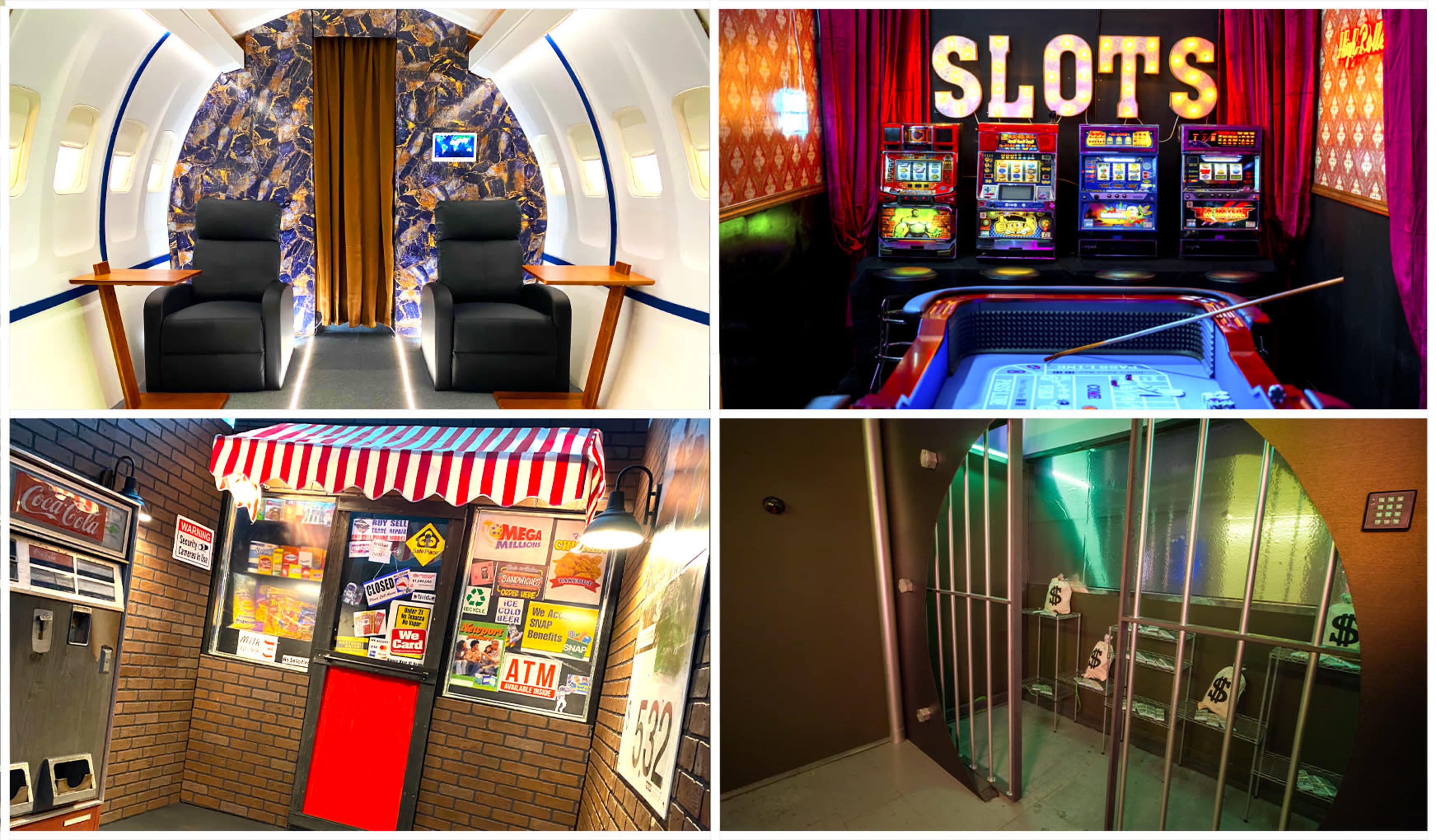 The image showcases two distinct scenes: the top left features the interior of a private jet with two seats and a television screen, while the top right displays a vibrant casino area with slot machines and a bar; the bottom left depicts a faux storefront with a red door and various signage, and the bottom right