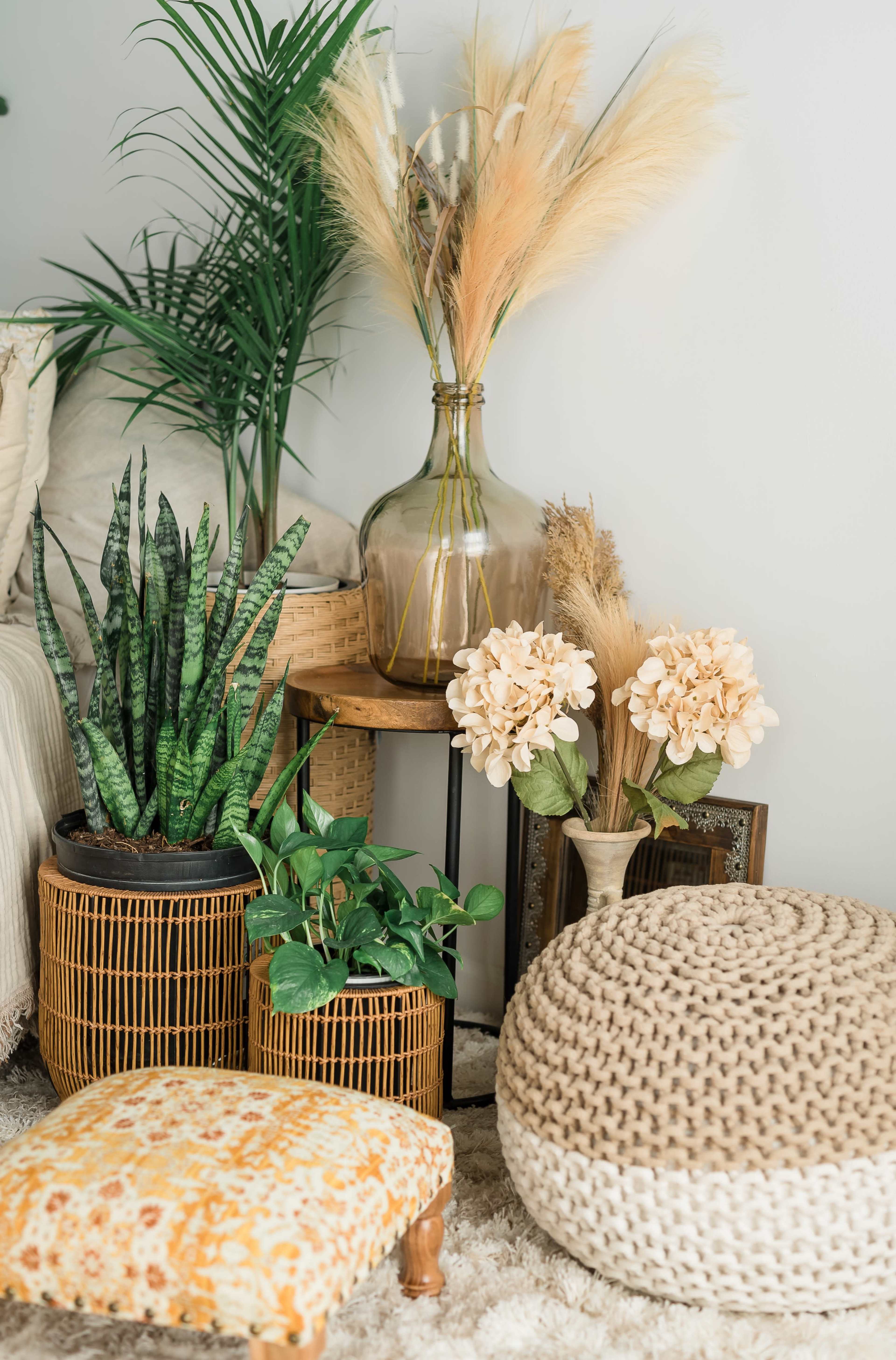 The image features a collection of decorative plants in woven baskets, a glass vase with dried flowers, and a patterned pouf arranged beside a neutral-colored wall.