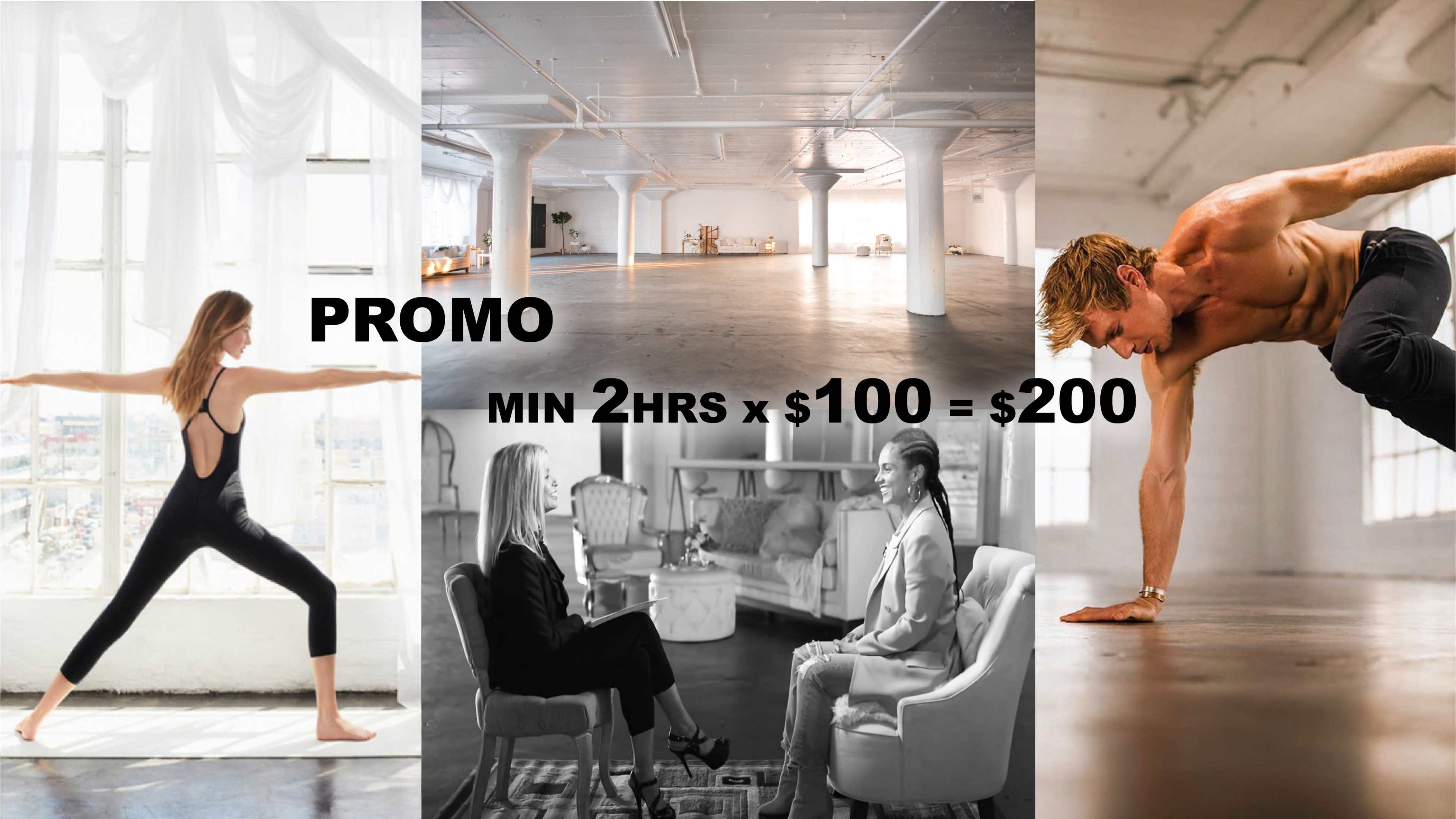 The image features three sections: a dancer performing in a bright studio, a promotional message about a pricing structure displayed on a wall, and two women seated in a stylish living room setting.