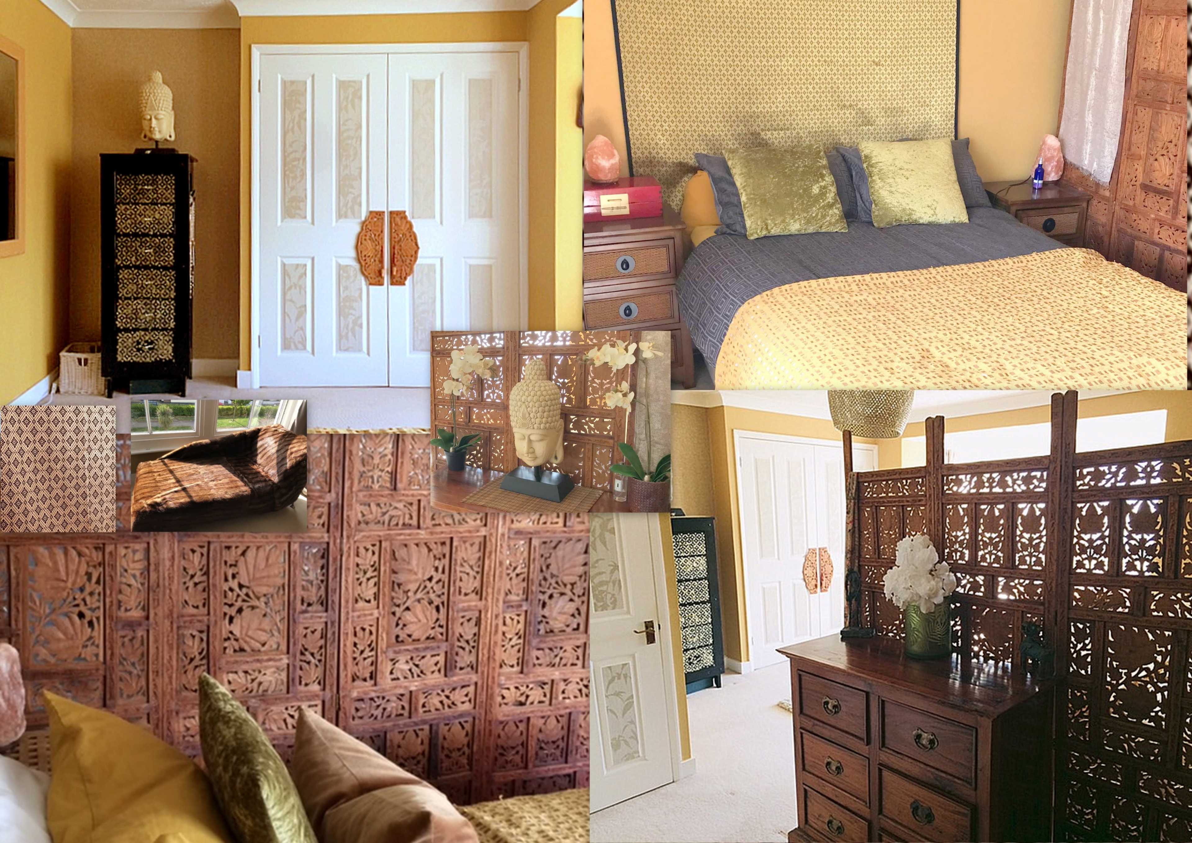 A well-decorated bedroom featuring intricately carved wooden panels, a large bed with decorative pillows, and ambient lighting.