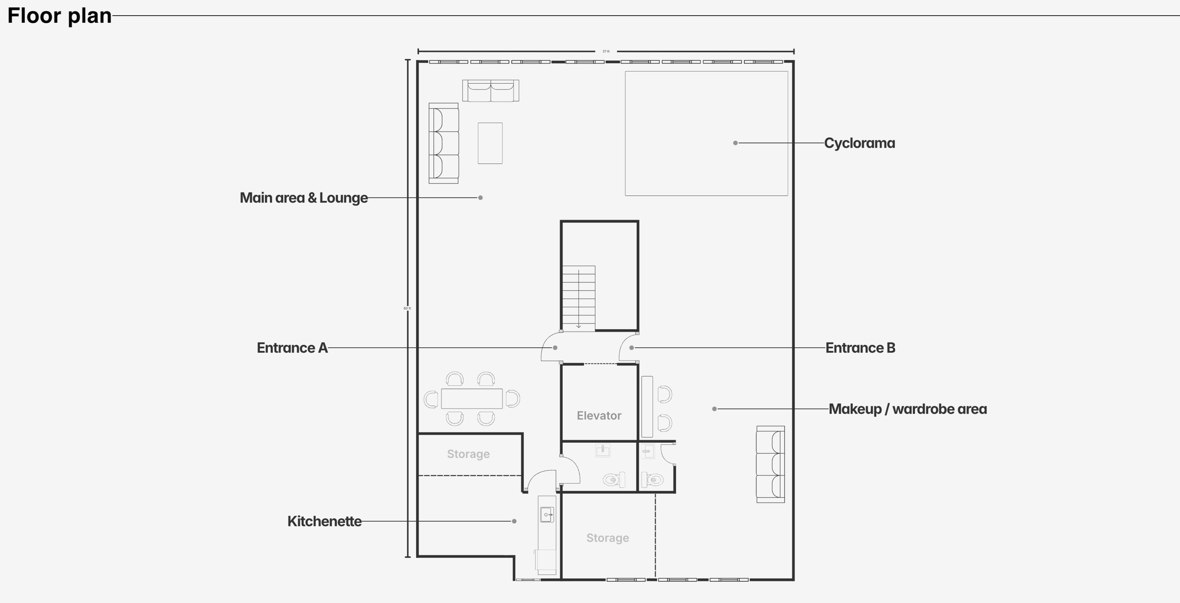 The image depicts a floor plan layout featuring labeled areas such as a main lounge, kitchenette, storage spaces, an elevator, and makeup/wardrobe area, along with two entrances.