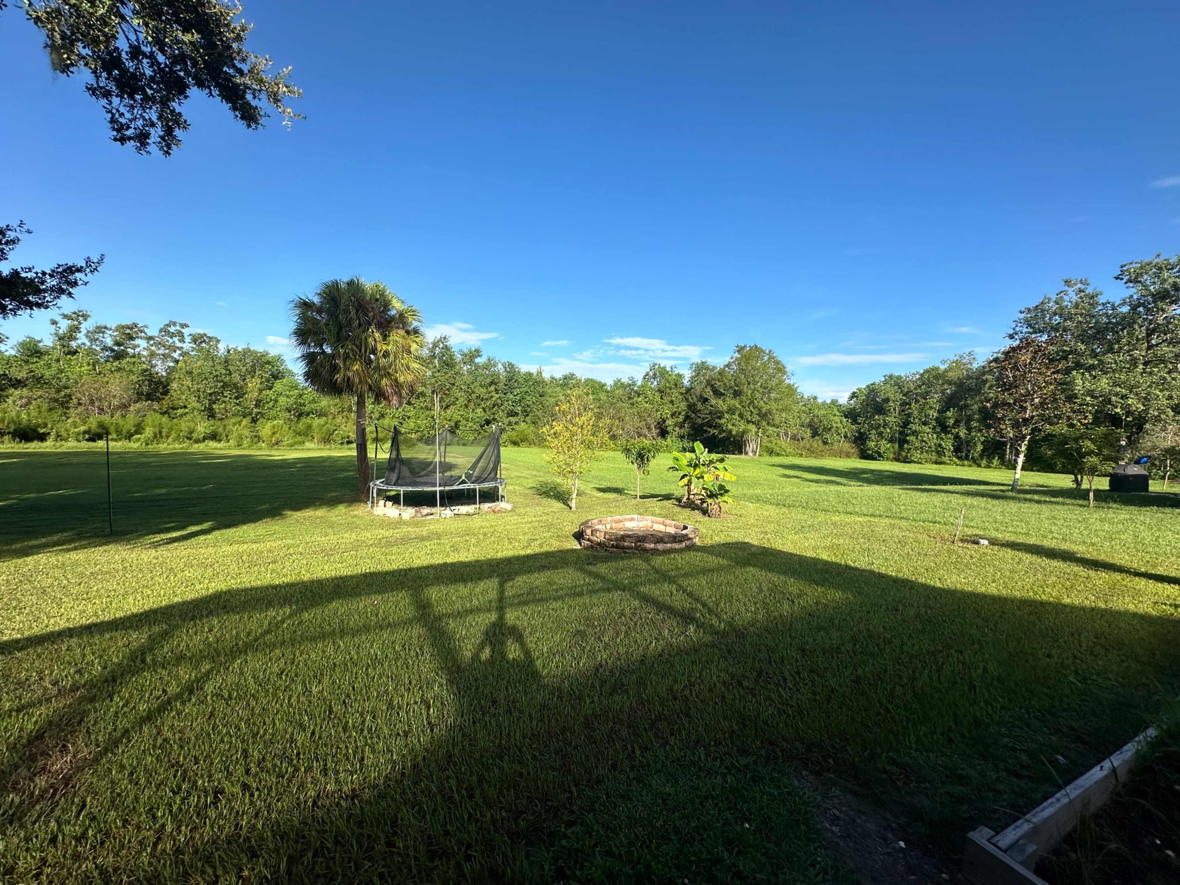 The image shows a grassy landscape with a trampoline in the background, surrounded by trees and a clear blue sky.