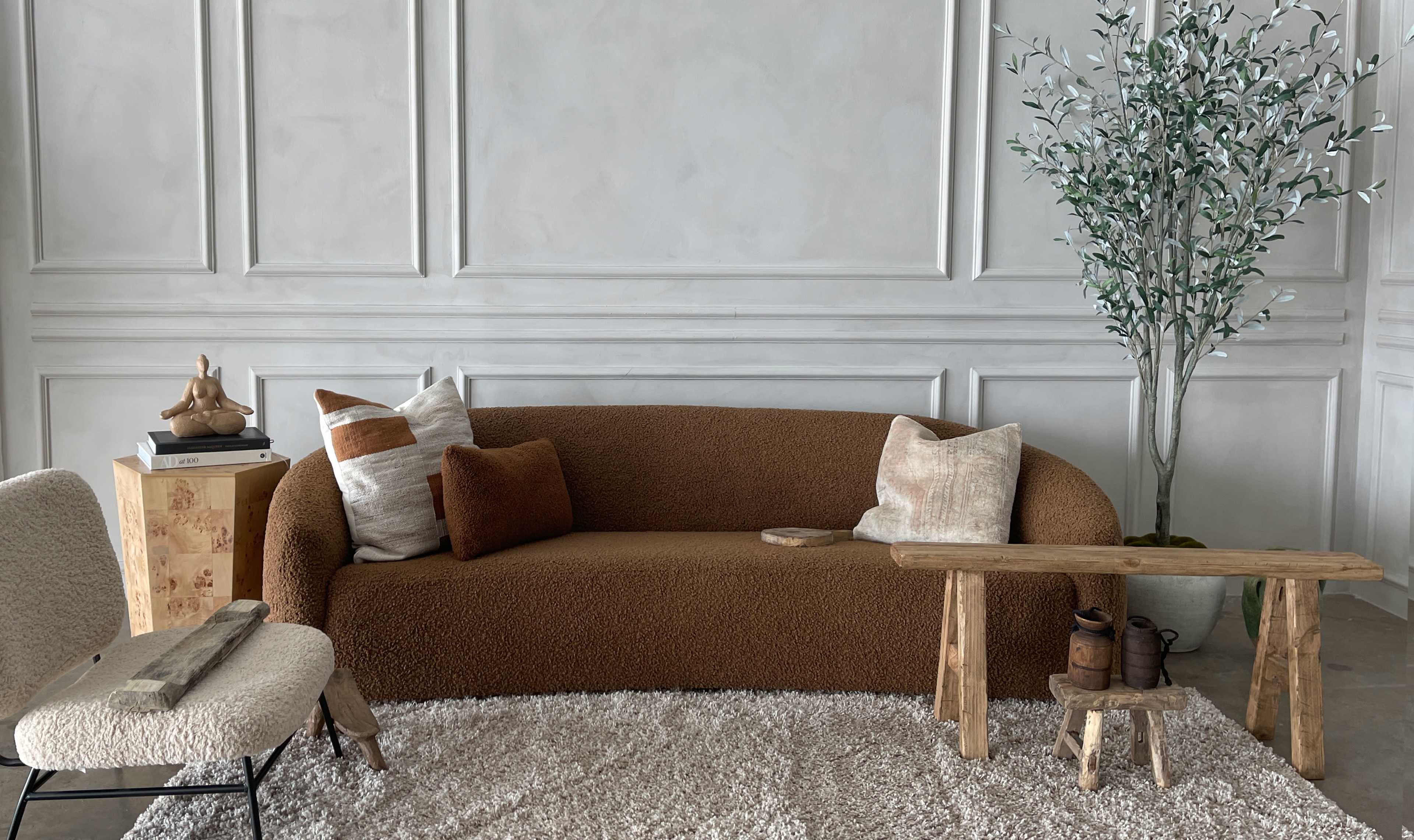 A cozy living room with a brown sofa, a wooden side table, a decorative tree, and a textured area rug.
