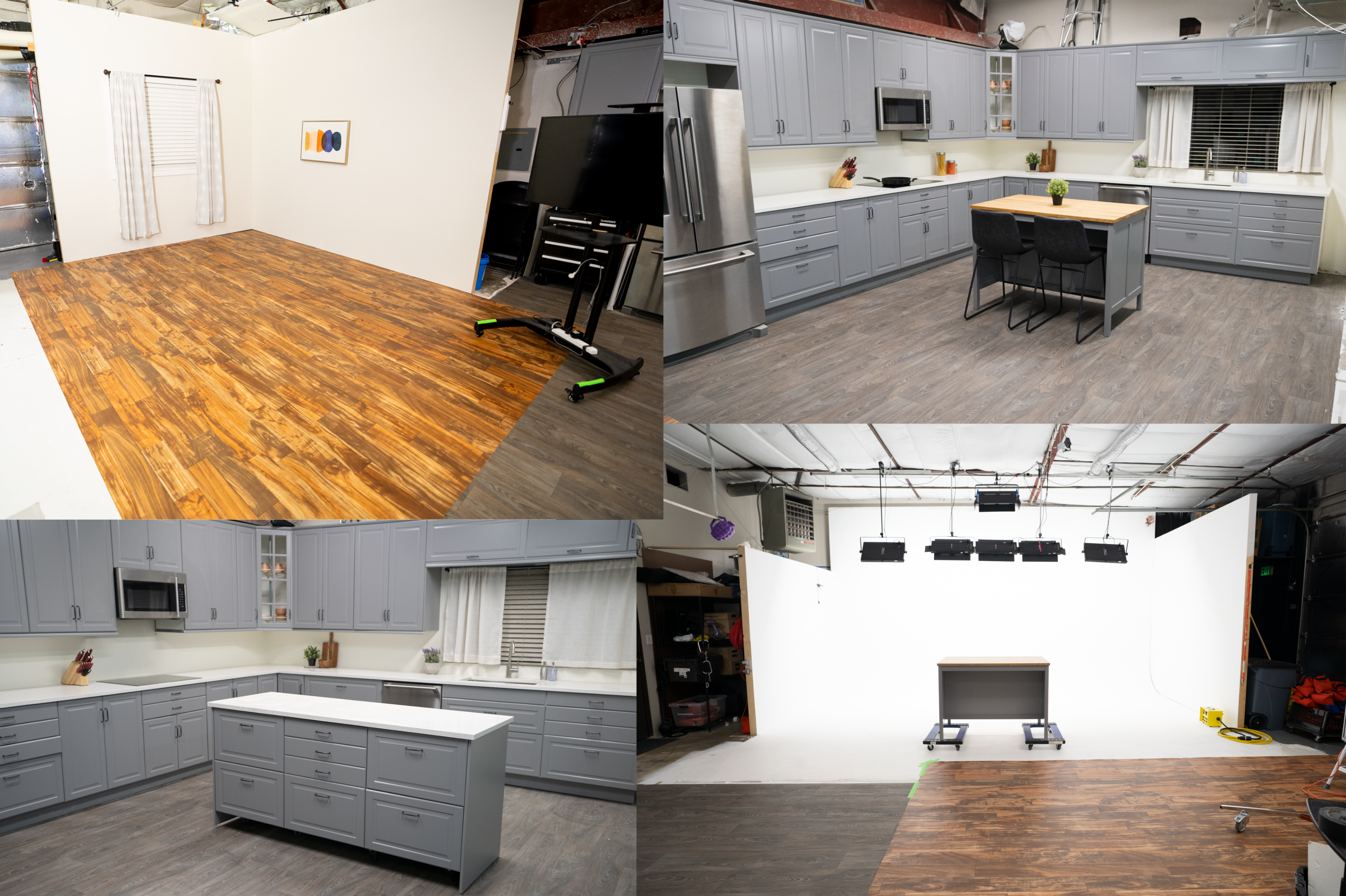 The image shows a modern kitchen setup with gray cabinets, hardwood flooring, and various layouts featuring a central table and empty space for filming.