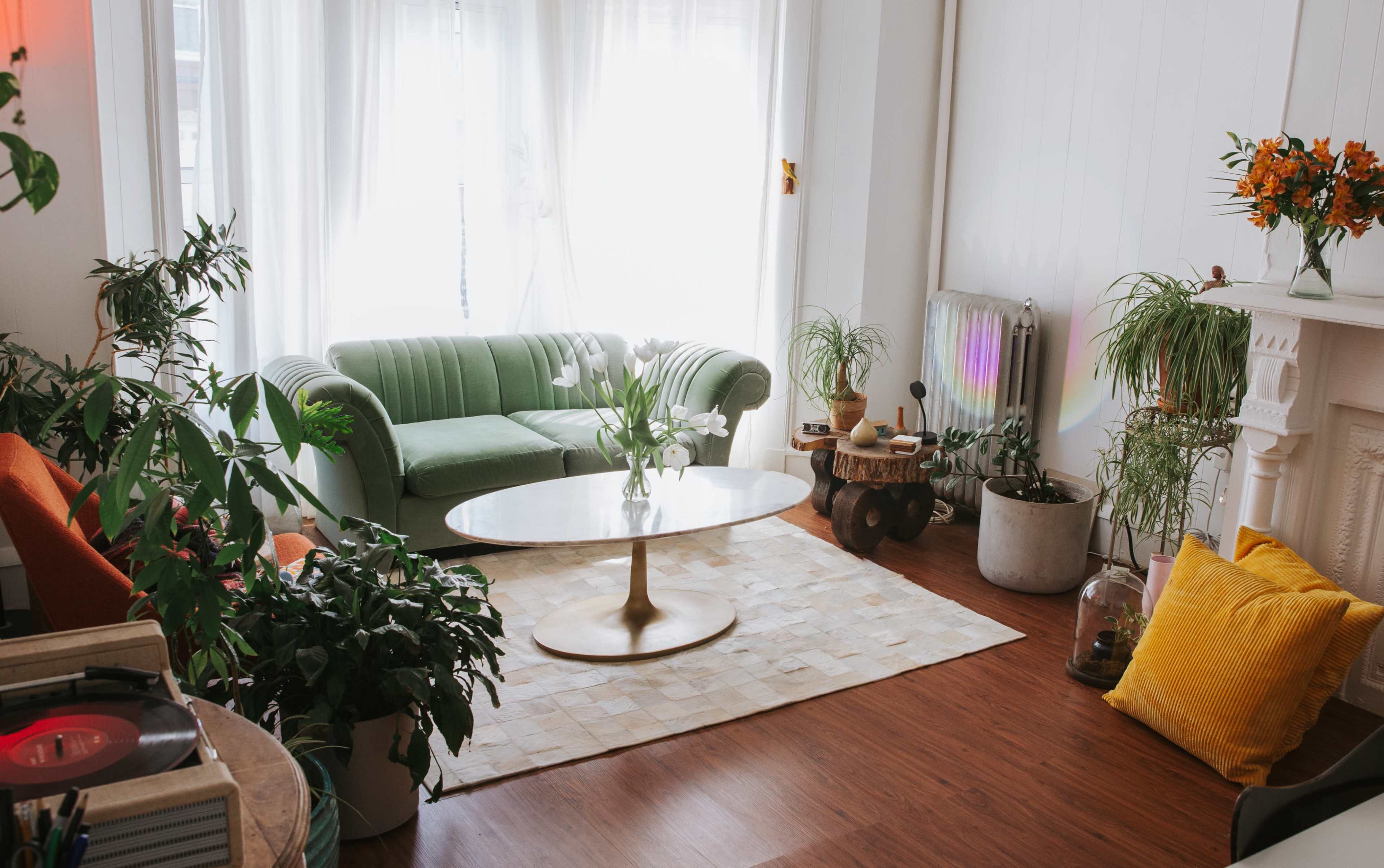 The image shows a cozy living room featuring a green couch, a round coffee table, various plants, and a large window allowing natural light to fill the space.