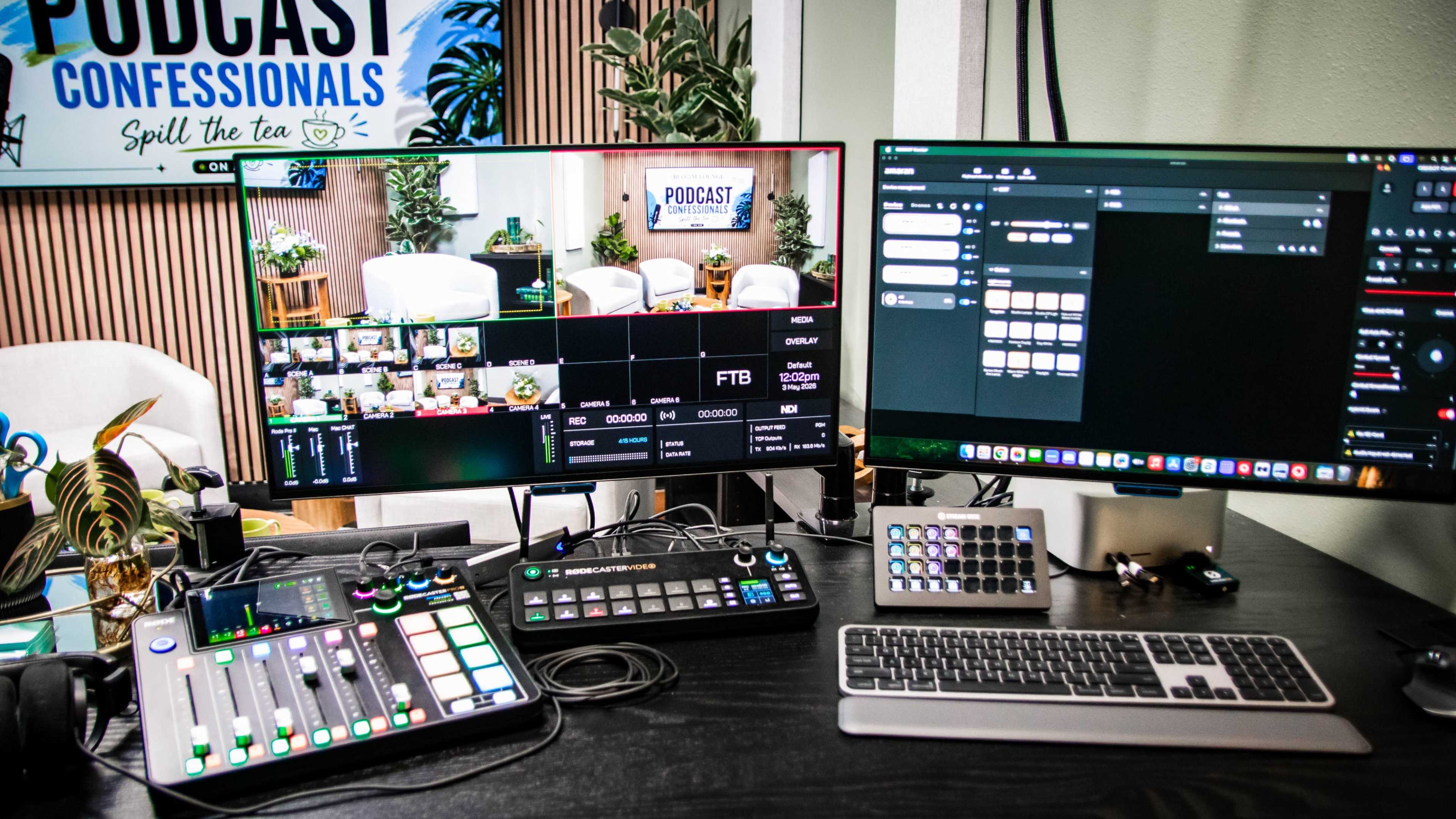 The image shows a modern podcasting setup featuring two large monitors, a control surface with buttons and sliders, and a keyboard on a desk, with a backdrop of a branded podcast studio.