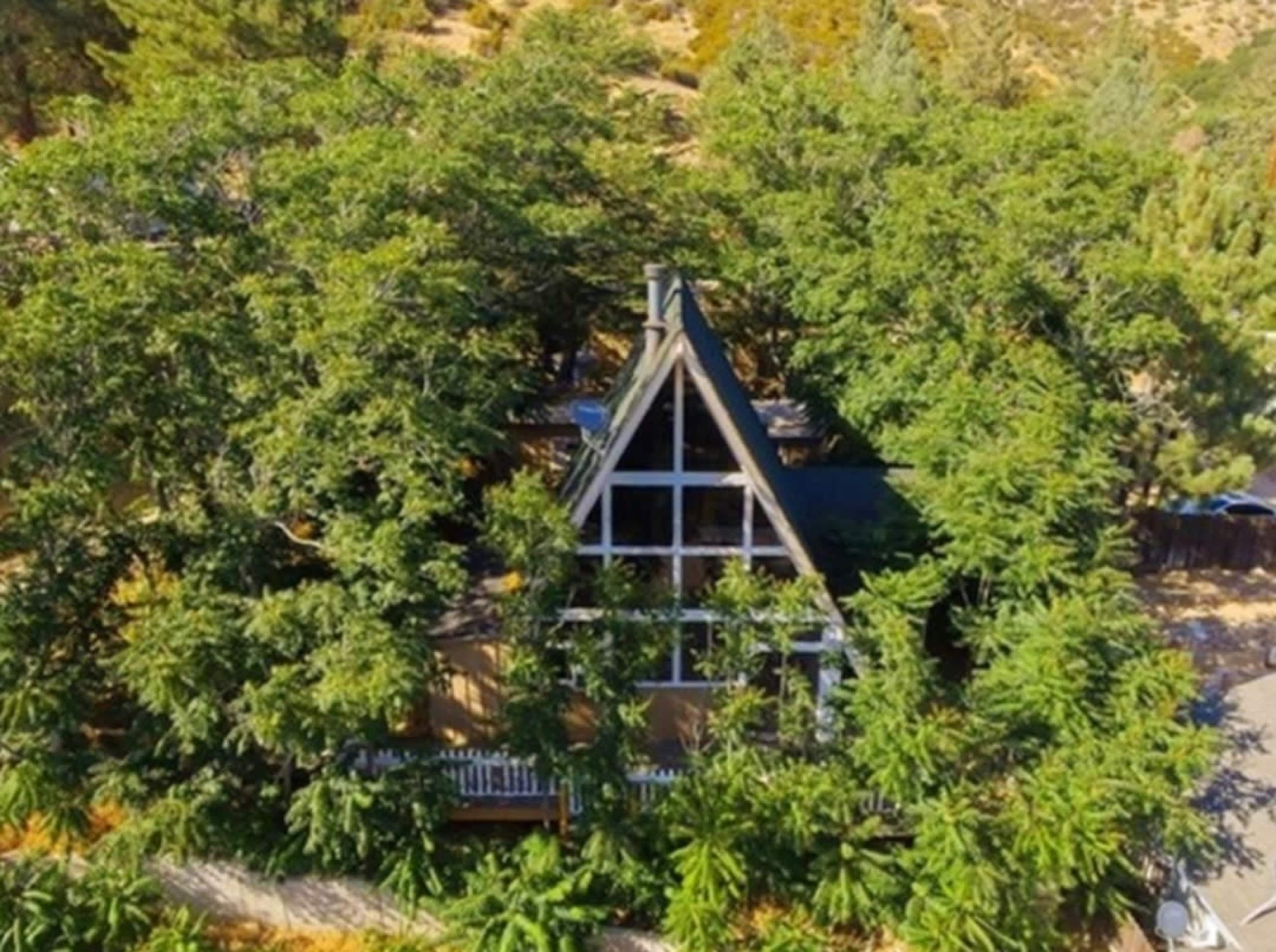 A triangular-roofed house is surrounded by dense trees and plants in a hilly landscape.