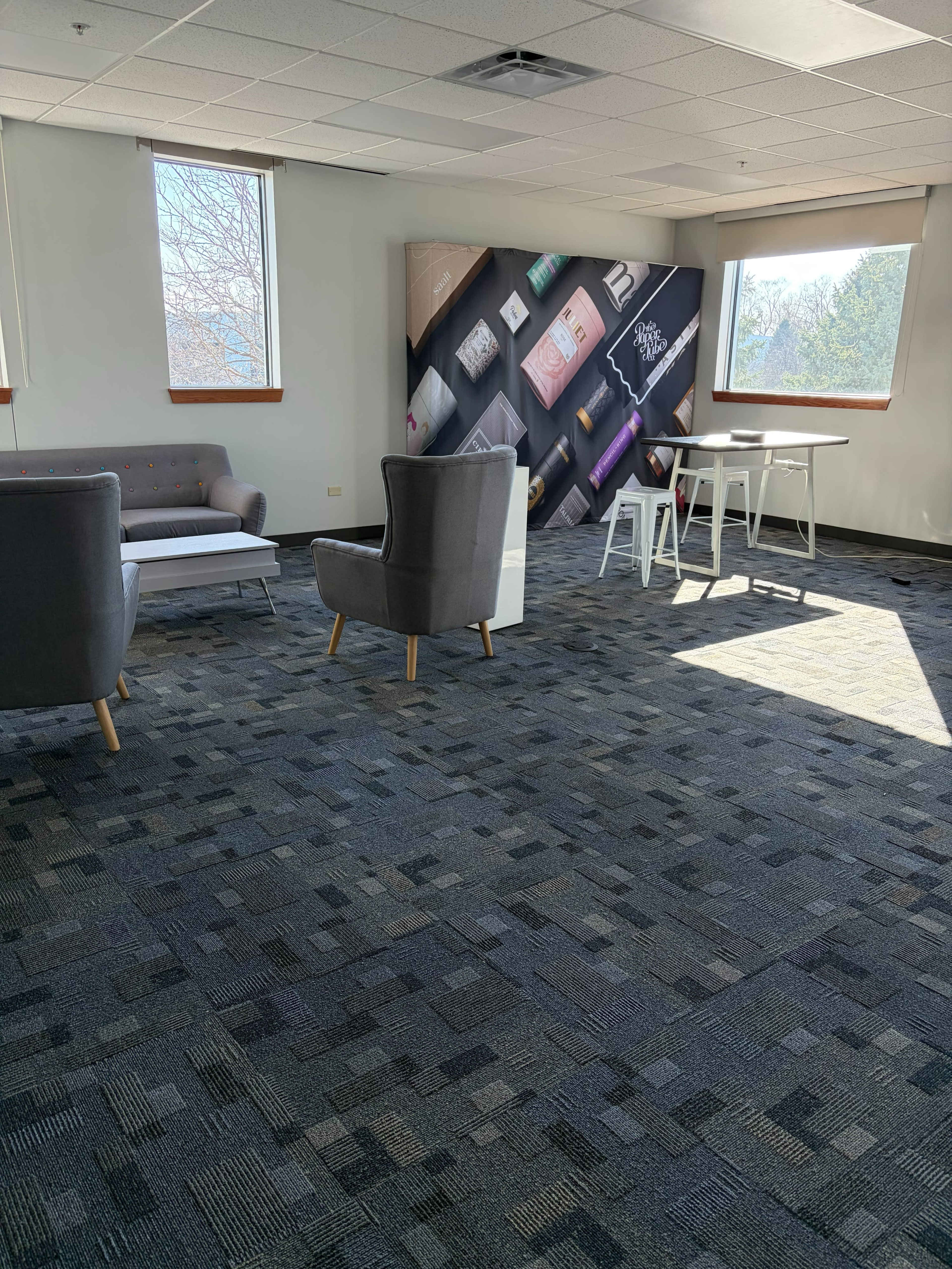 The image shows a modern, spacious room with gray carpet, two windows letting in natural light, and various seating options, including armchairs and a sofa.