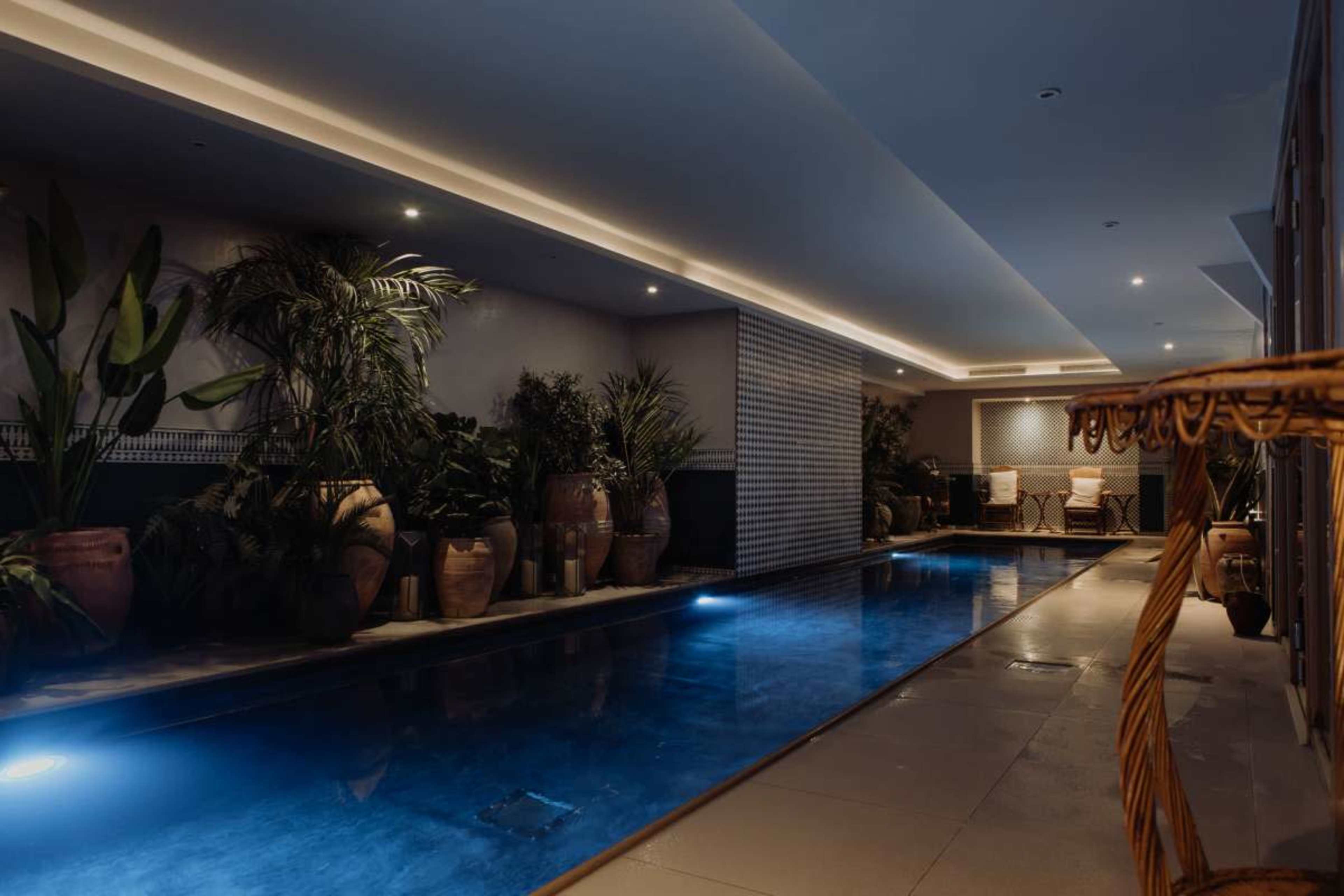 The image shows a dimly lit indoor pool area featuring a narrow blue pool lined with potted plants and decorative pots on either side.