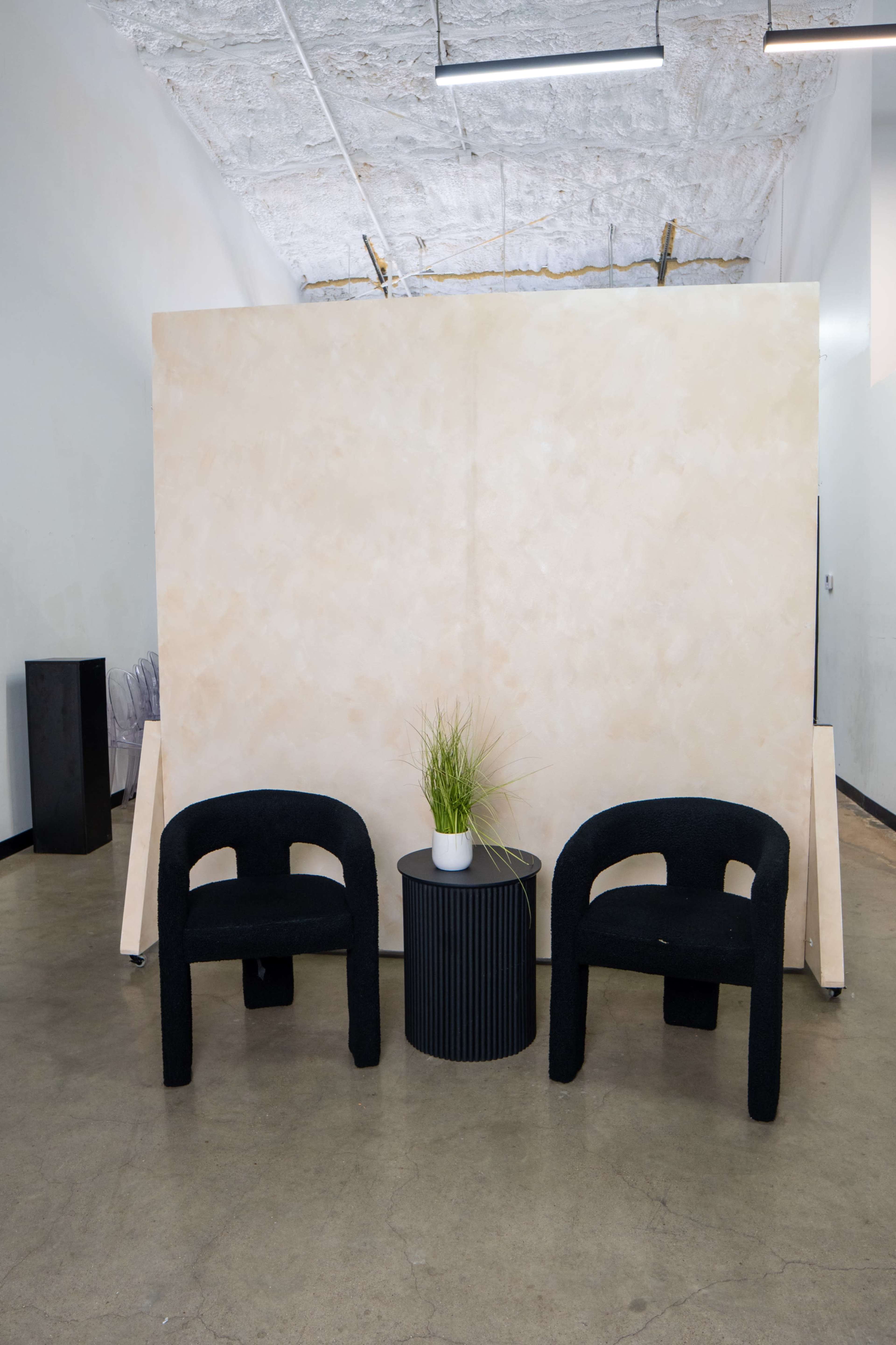 The image shows a minimalist indoor space featuring two black chairs on either side of a small round table with a plant on top, set against a light-colored wall.
