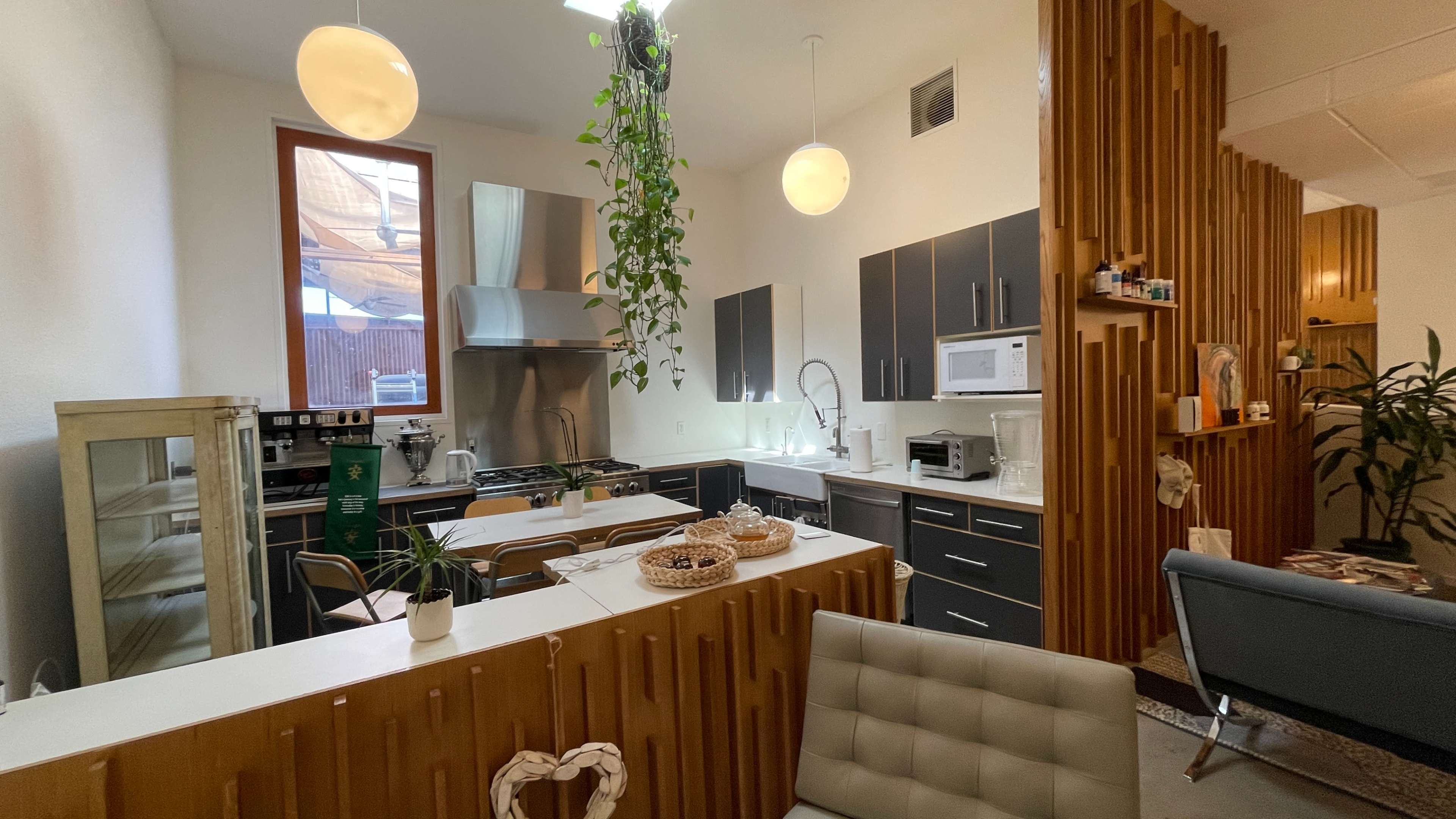 The image shows a modern kitchen with wooden accents, a large stove, and plants hanging from the ceiling, adjacent to a light-filled sitting area.