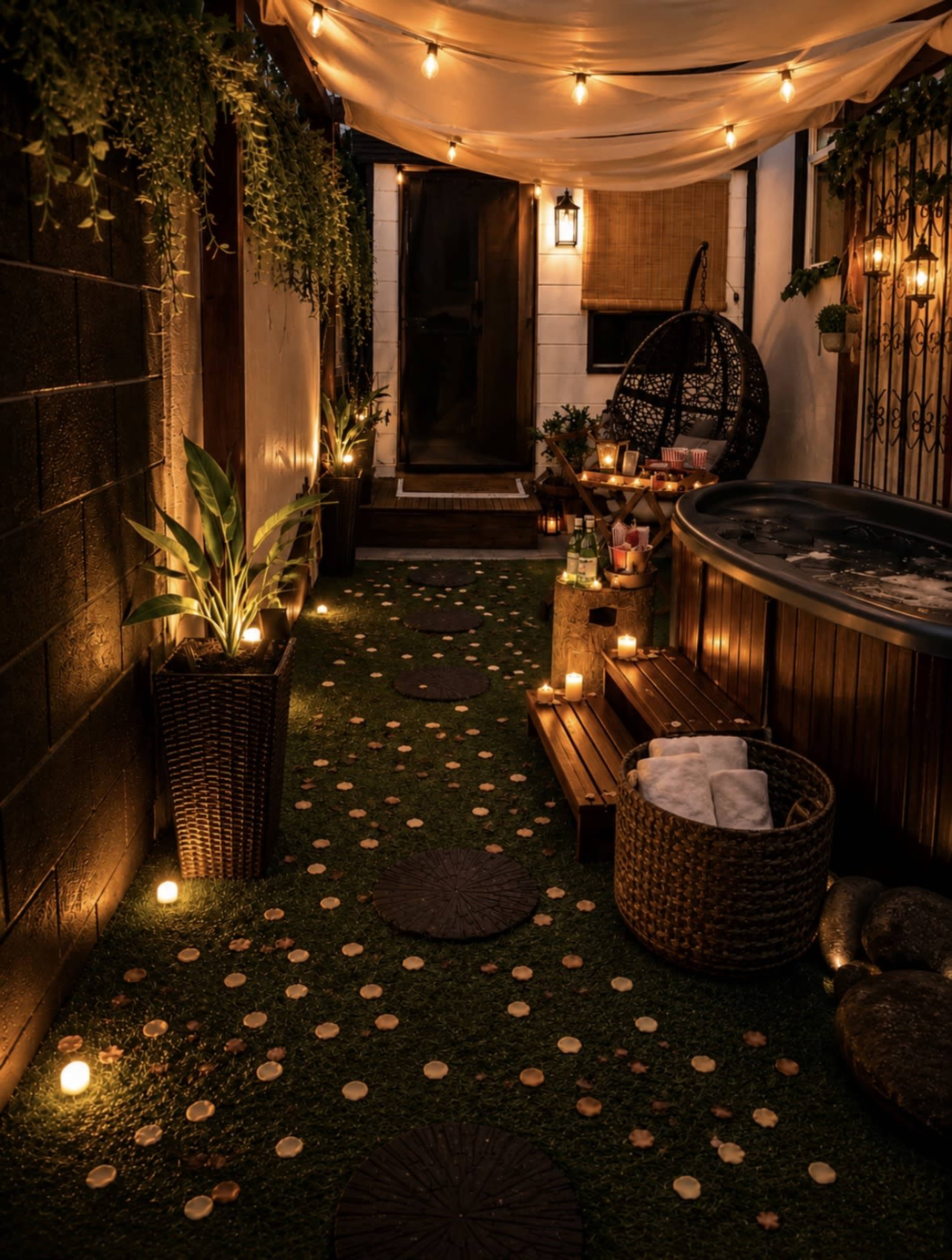 The image shows a cozy outdoor space with a walkway lined with candles, a hot tub, potted plants, and ambient lighting overhead.