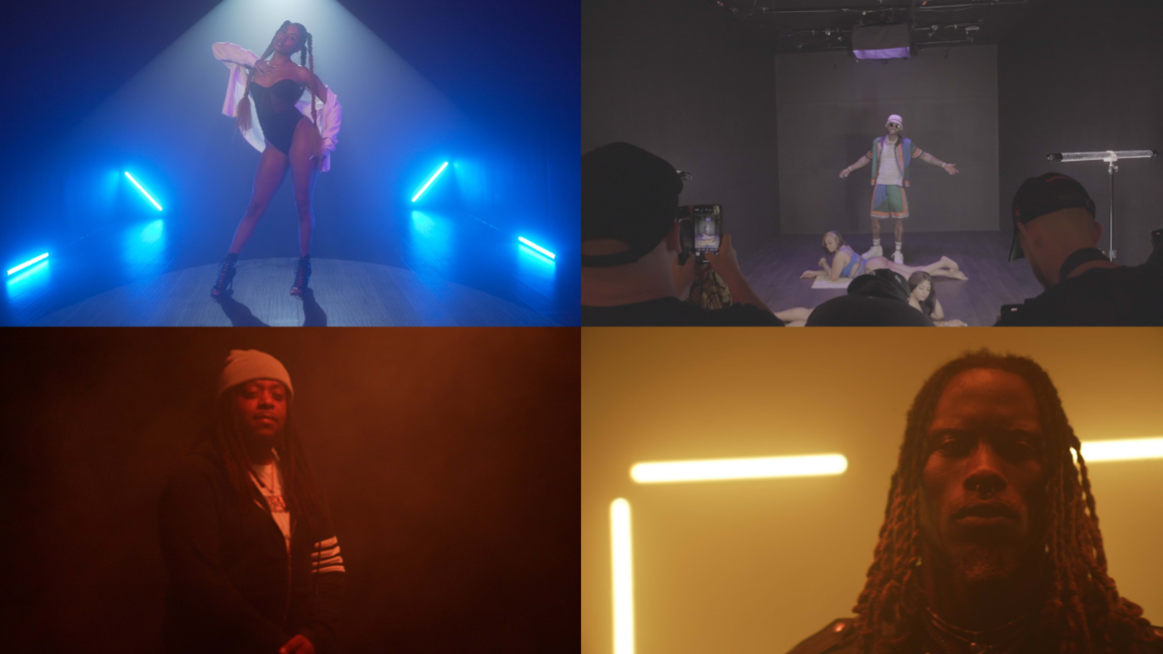 Four distinct scenes: a dancer performing in a spotlight, a male performer on stage surrounded by people, a person with long hair in a dark environment, and an artist illuminated by yellow light.