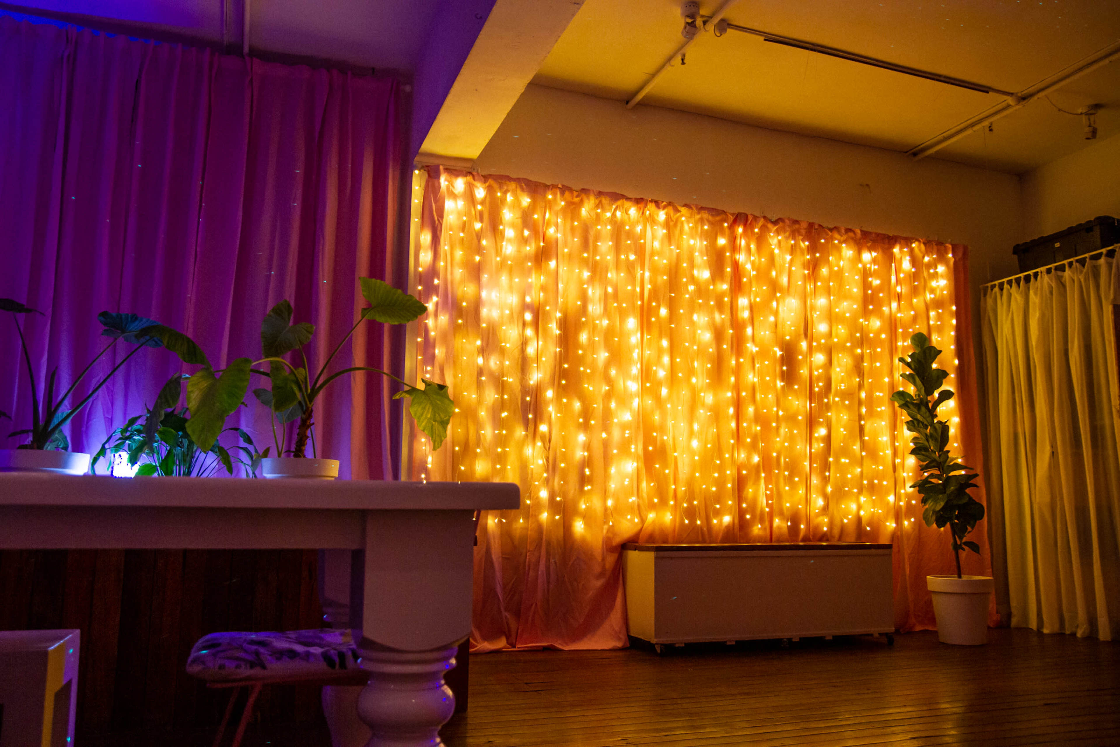 A room with a wall adorned with warm, glowing string lights and potted plants in front of a wooden table.