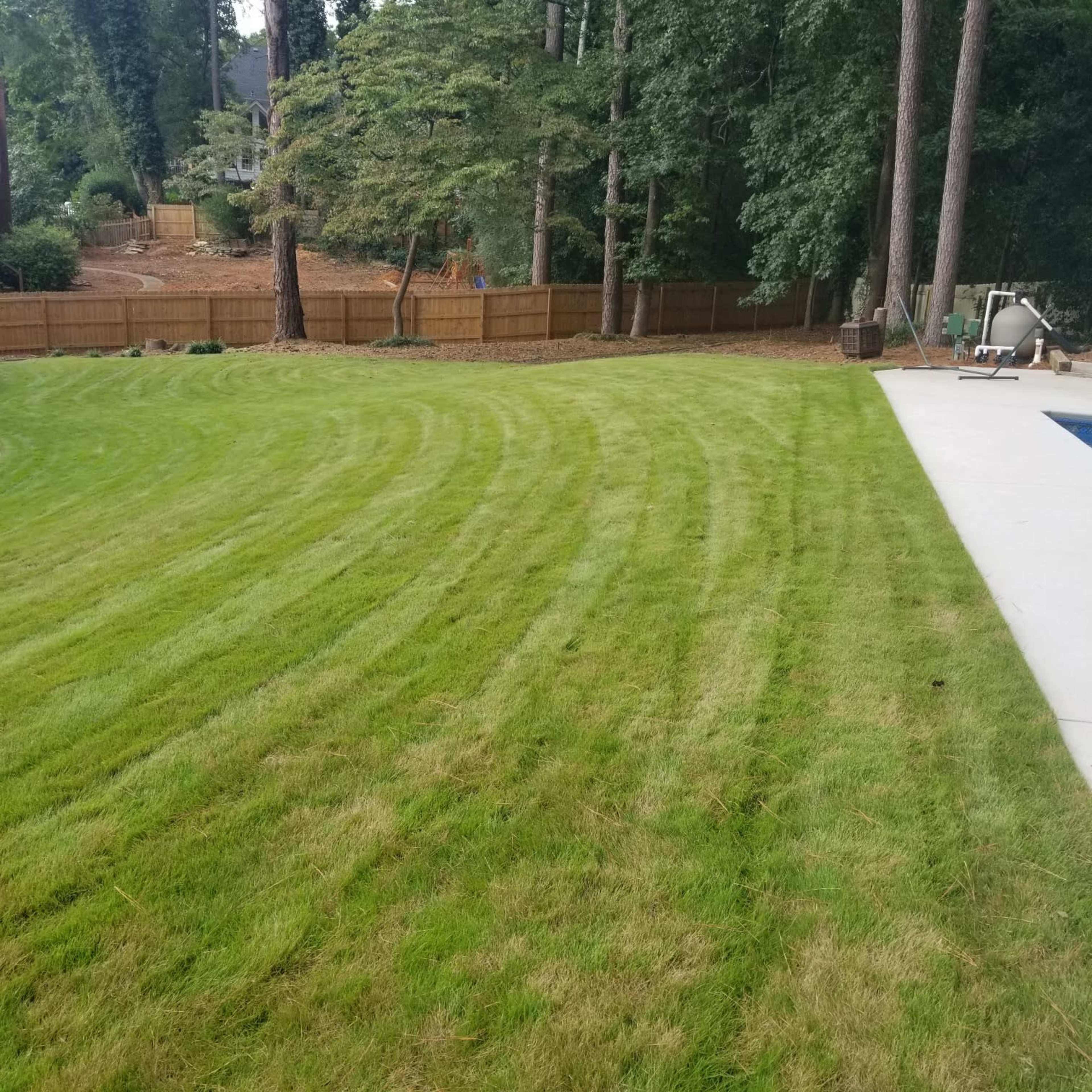 A freshly mowed lawn with distinct stripes is visible, bordered by trees and a fenced backyard area.