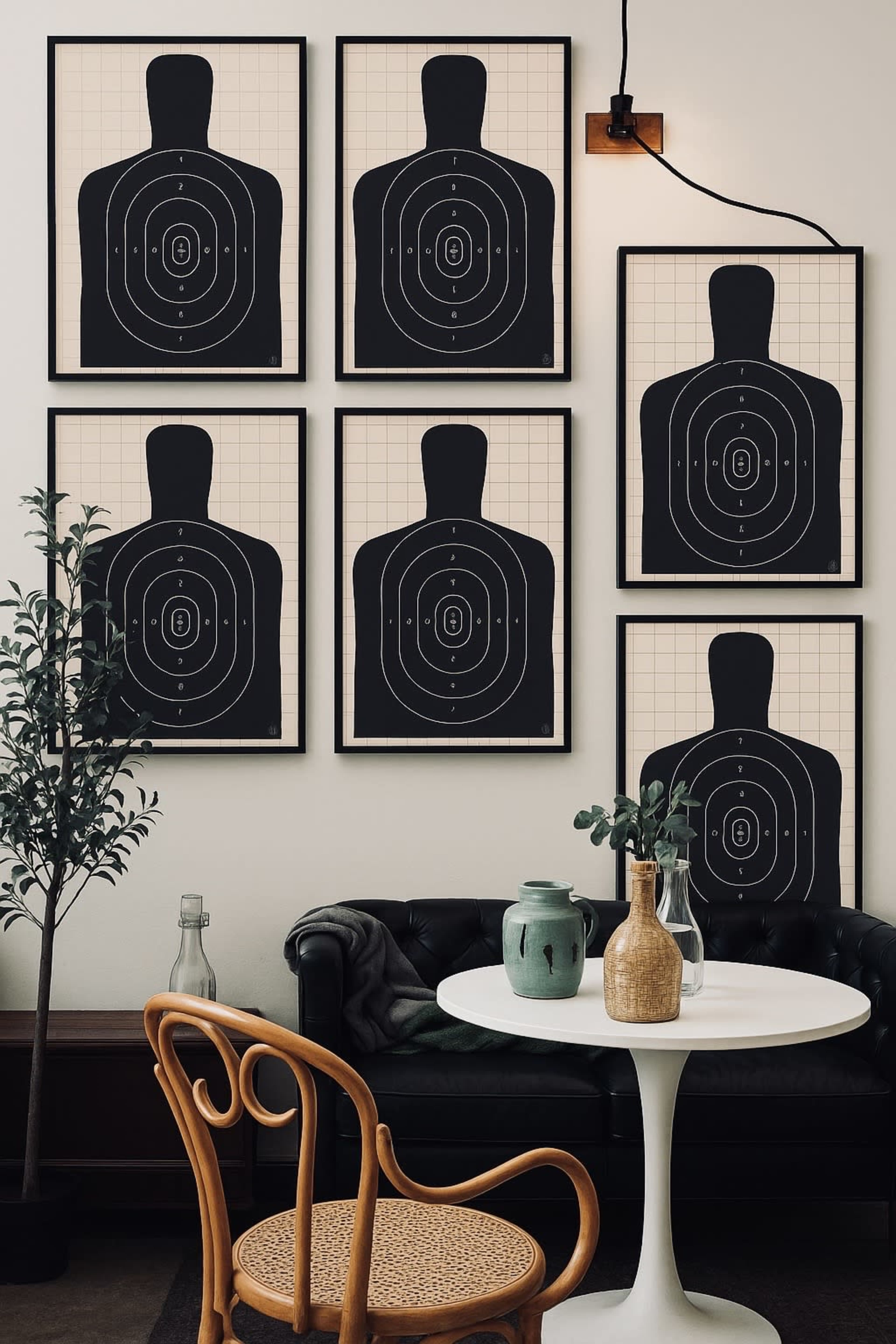 The image shows a cozy indoor space with a round table and chairs, adorned with six framed target silhouettes arranged on the wall.