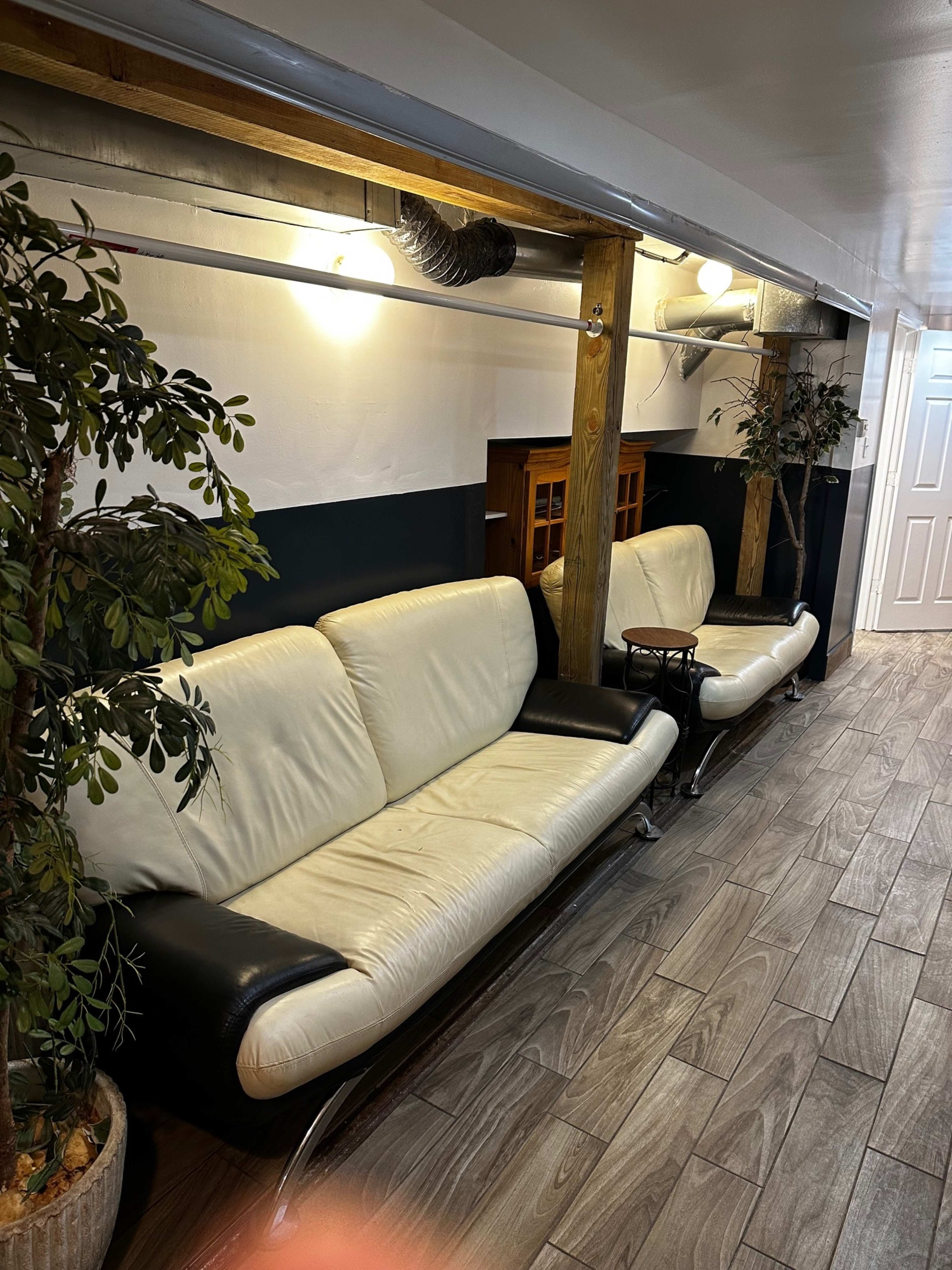 The image shows a hallway with two modern sofas placed against the walls, flanked by potted plants and featuring wooden beams overhead.
