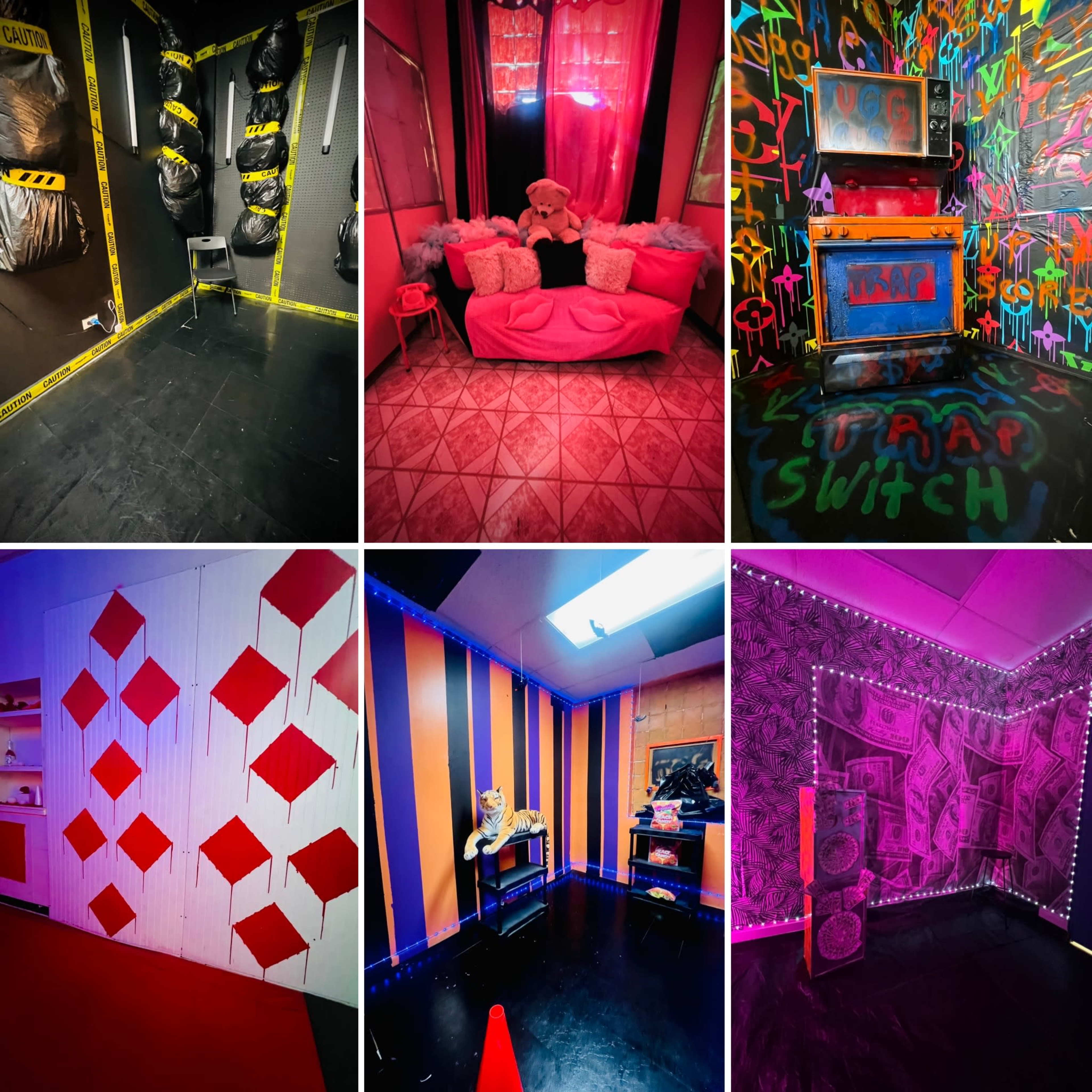 The image displays various themed rooms, each featuring distinct decor and color schemes, including bright patterns, furniture, and walls designed for an immersive experience.