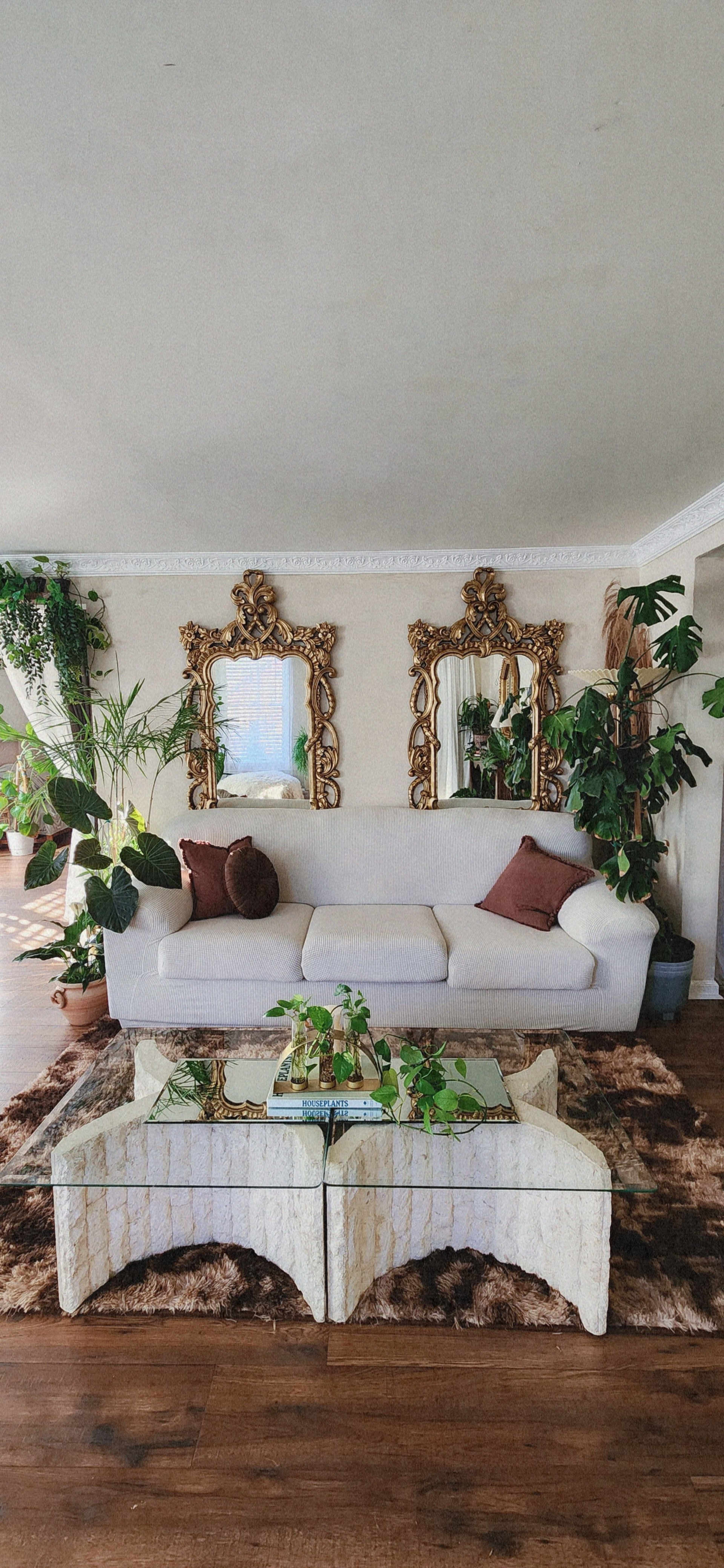 The image shows a bright living room featuring a white sofa with decorative pillows, a patterned rug, and a coffee table adorned with plants, surrounded by green plants and ornate mirrors on the walls.