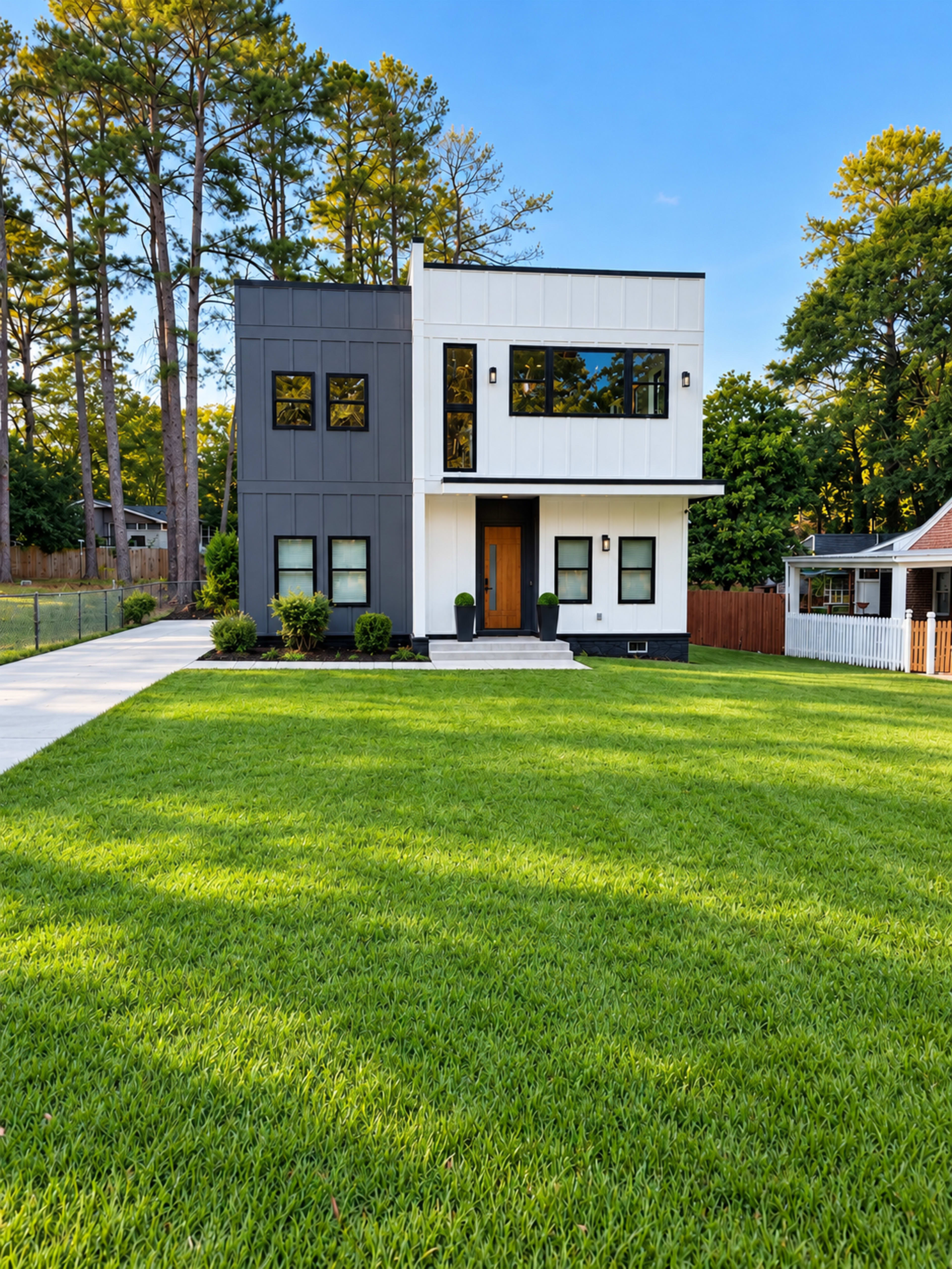 The image features a modern two-story house with a contrasting black and white exterior and a manicured lawn surrounded by trees.