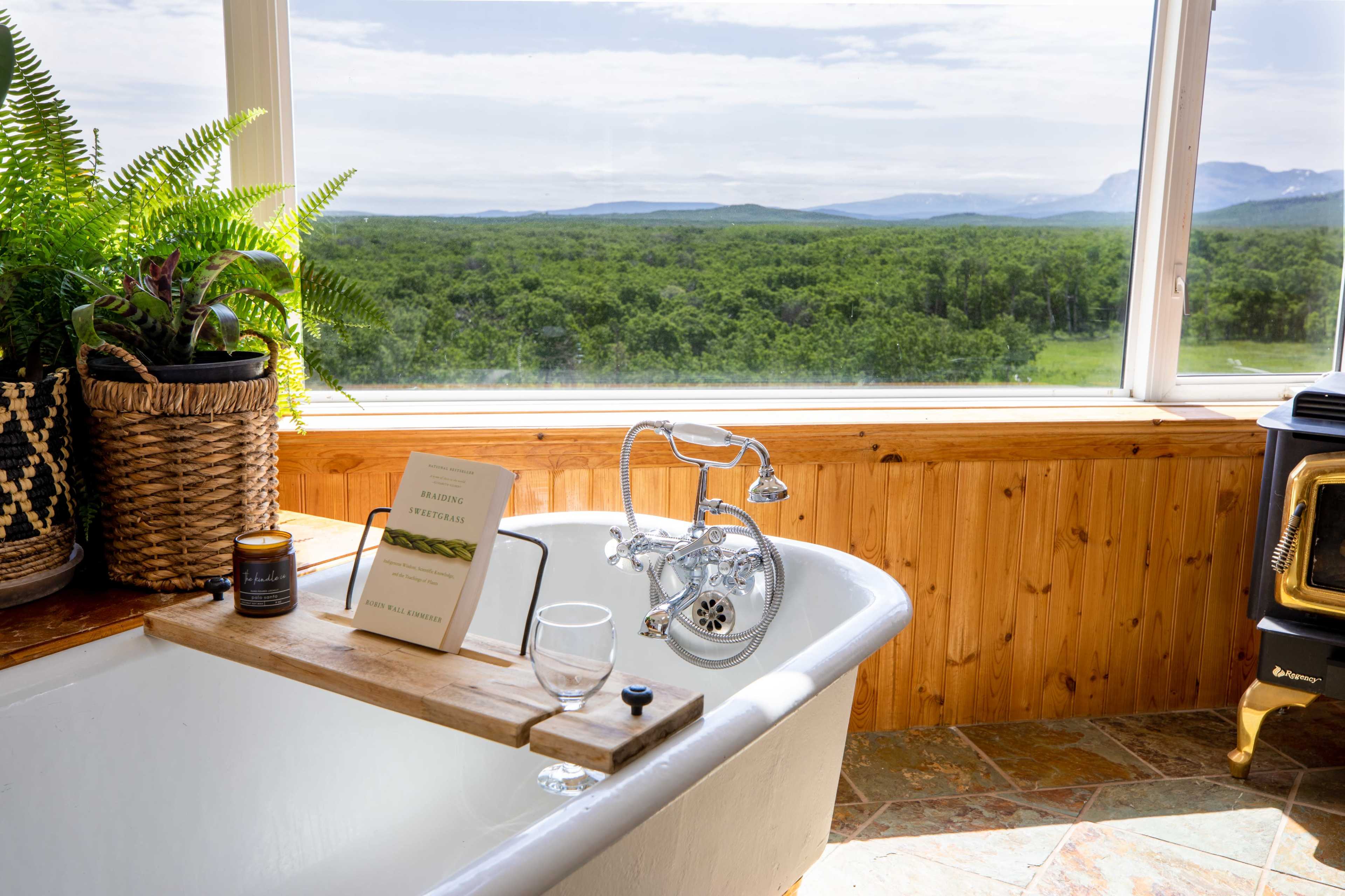 A vintage bathtub sits near a large window overlooking a green landscape with mountains in the distance.