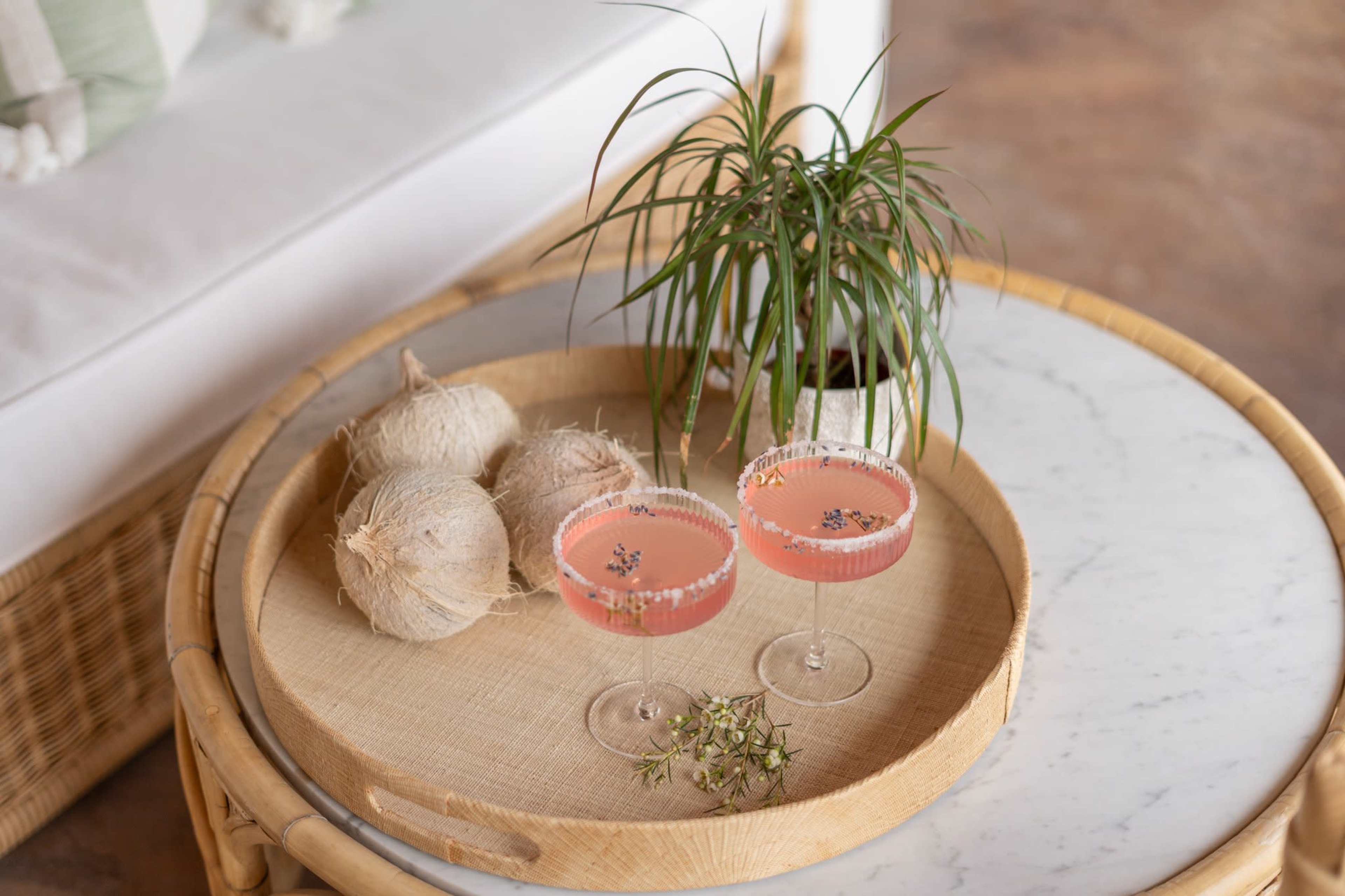 Two cocktails with a pink hue and decorative garnishes sit on a round wooden tray alongside decorative plant spheres and a small green plant.