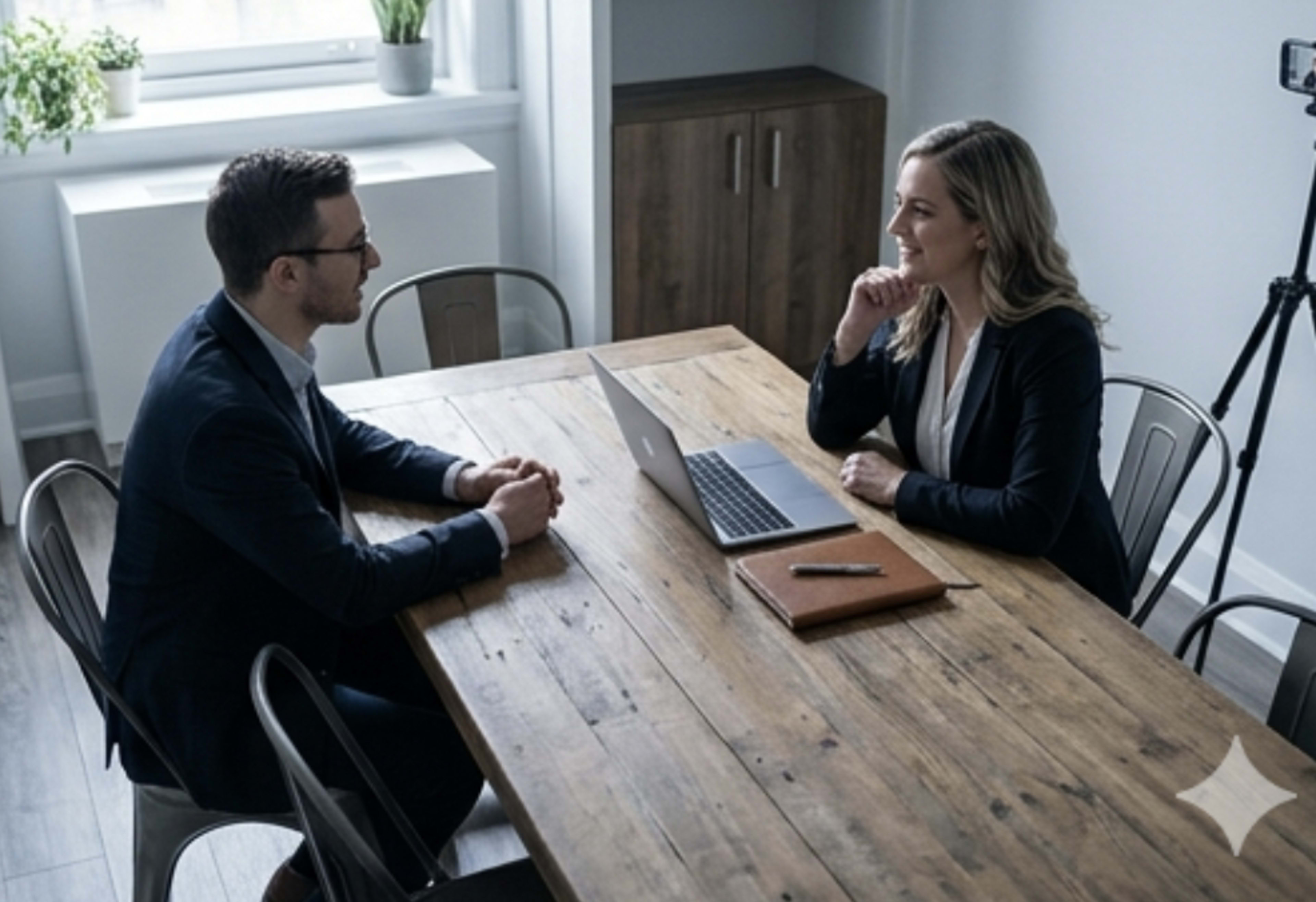 A man and a woman are seated across from each other at a wooden table, with a laptop and a notebook visible between them, in a well-lit office setting.