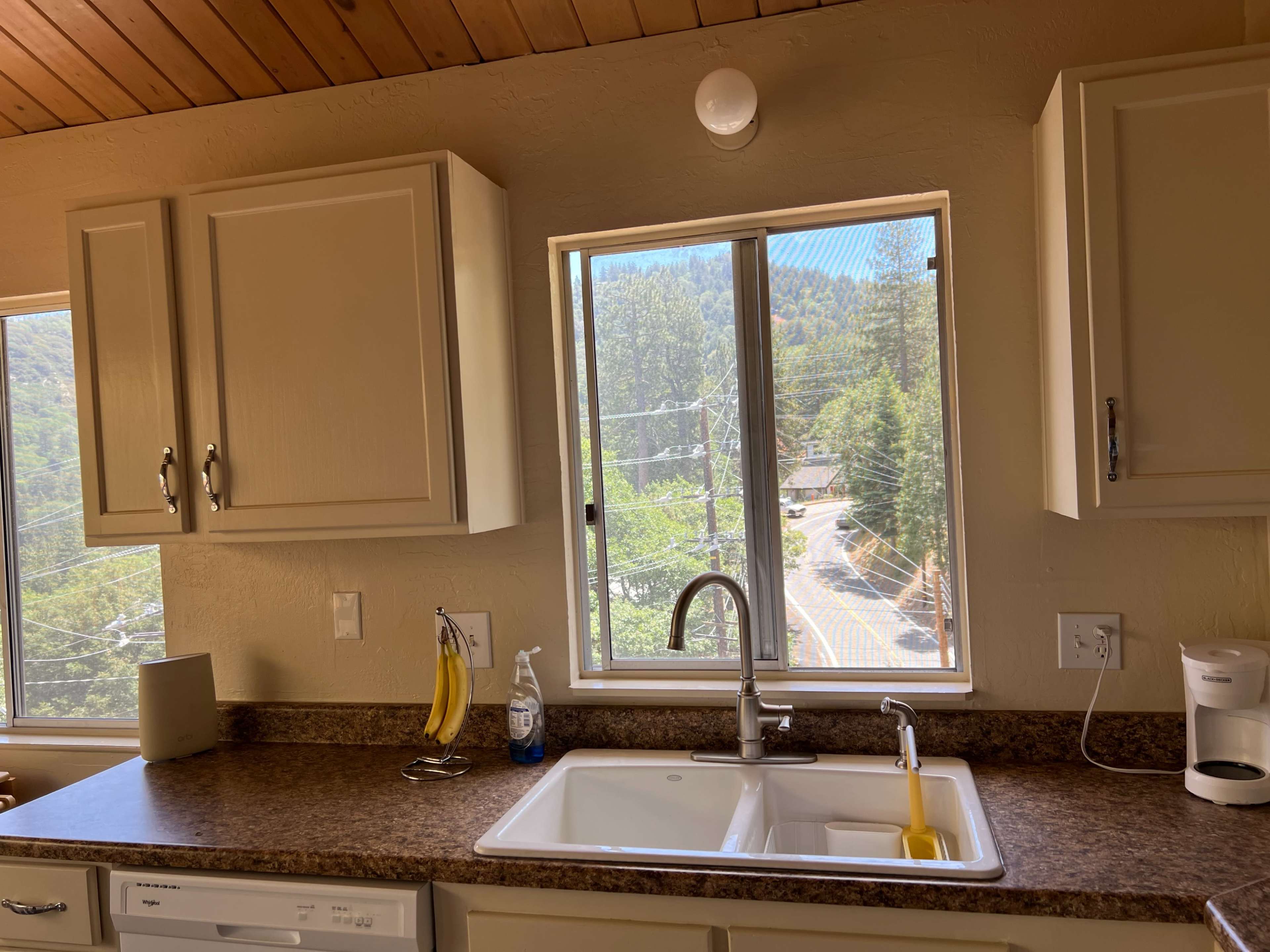 A kitchen sink with a window overlooking a tree-lined street is seen in the image.