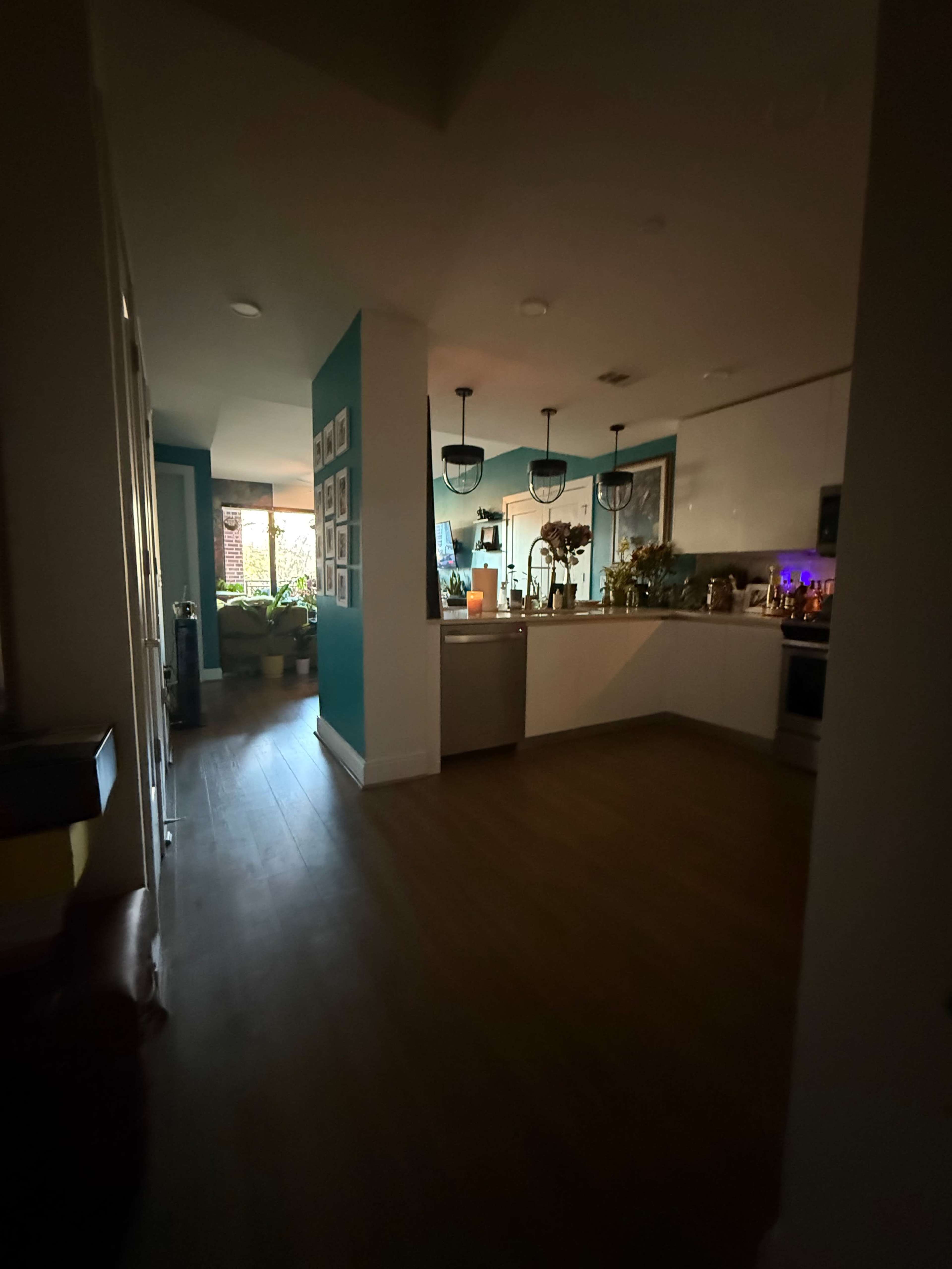 The image shows a dimly lit interior space with a kitchen and a partially visible living area, highlighted by a large window.