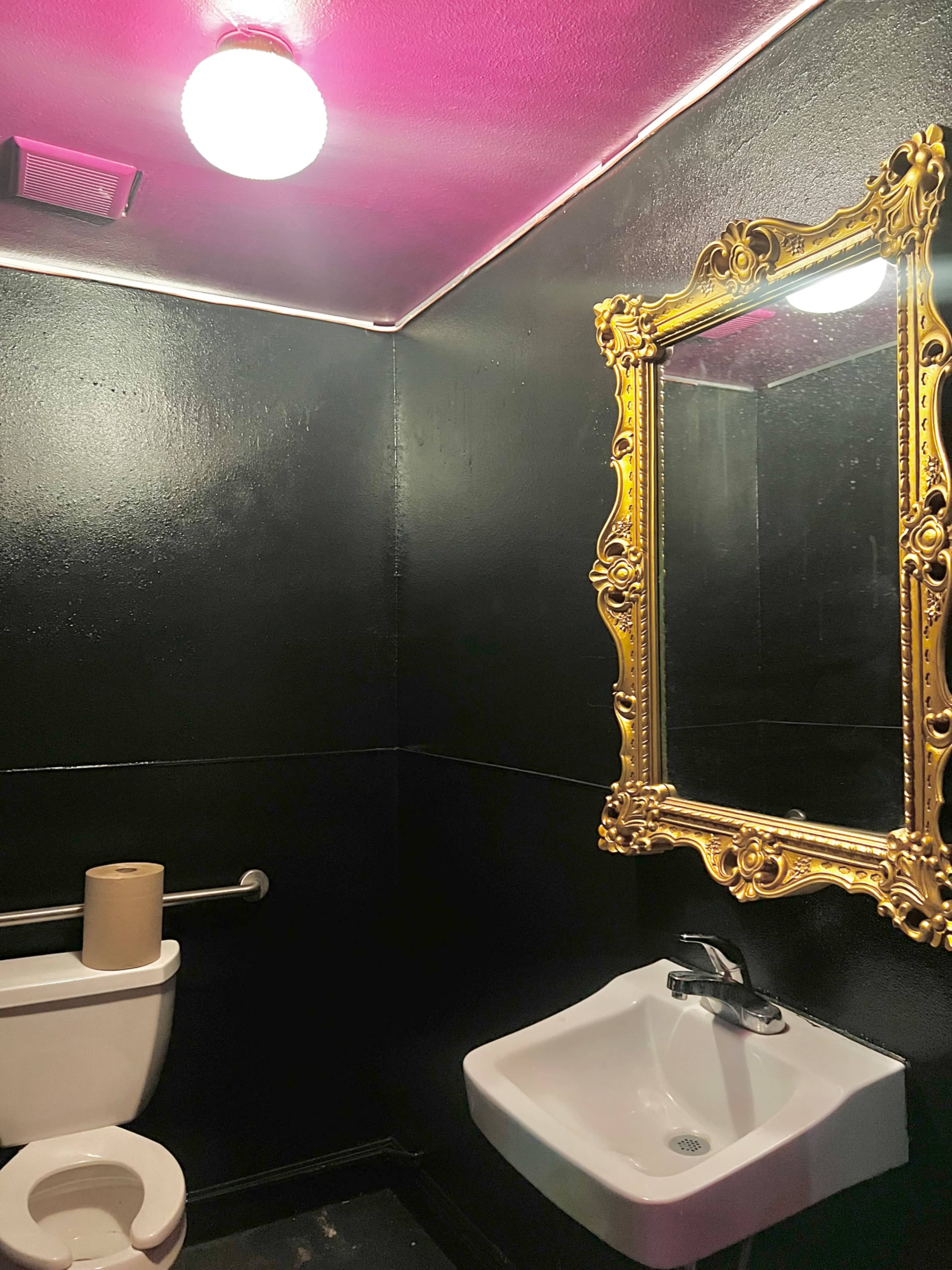 The image shows a small bathroom with a black-painted wall, a gold-framed mirror, a white sink, a toilet, and a roll of toilet paper.