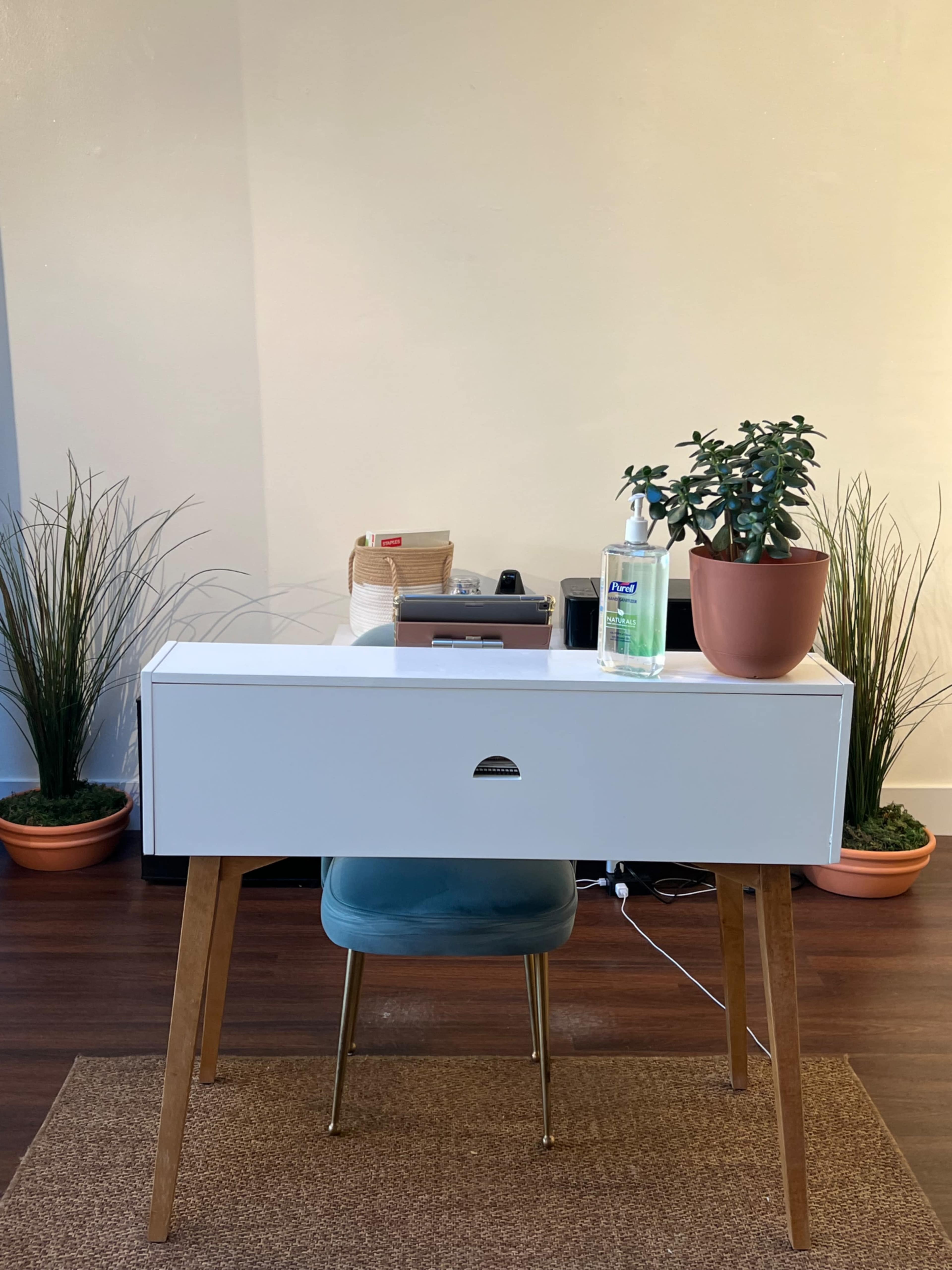 A modern white desk with a plant and hand sanitizer sits in a well-lit room surrounded by potted plants.