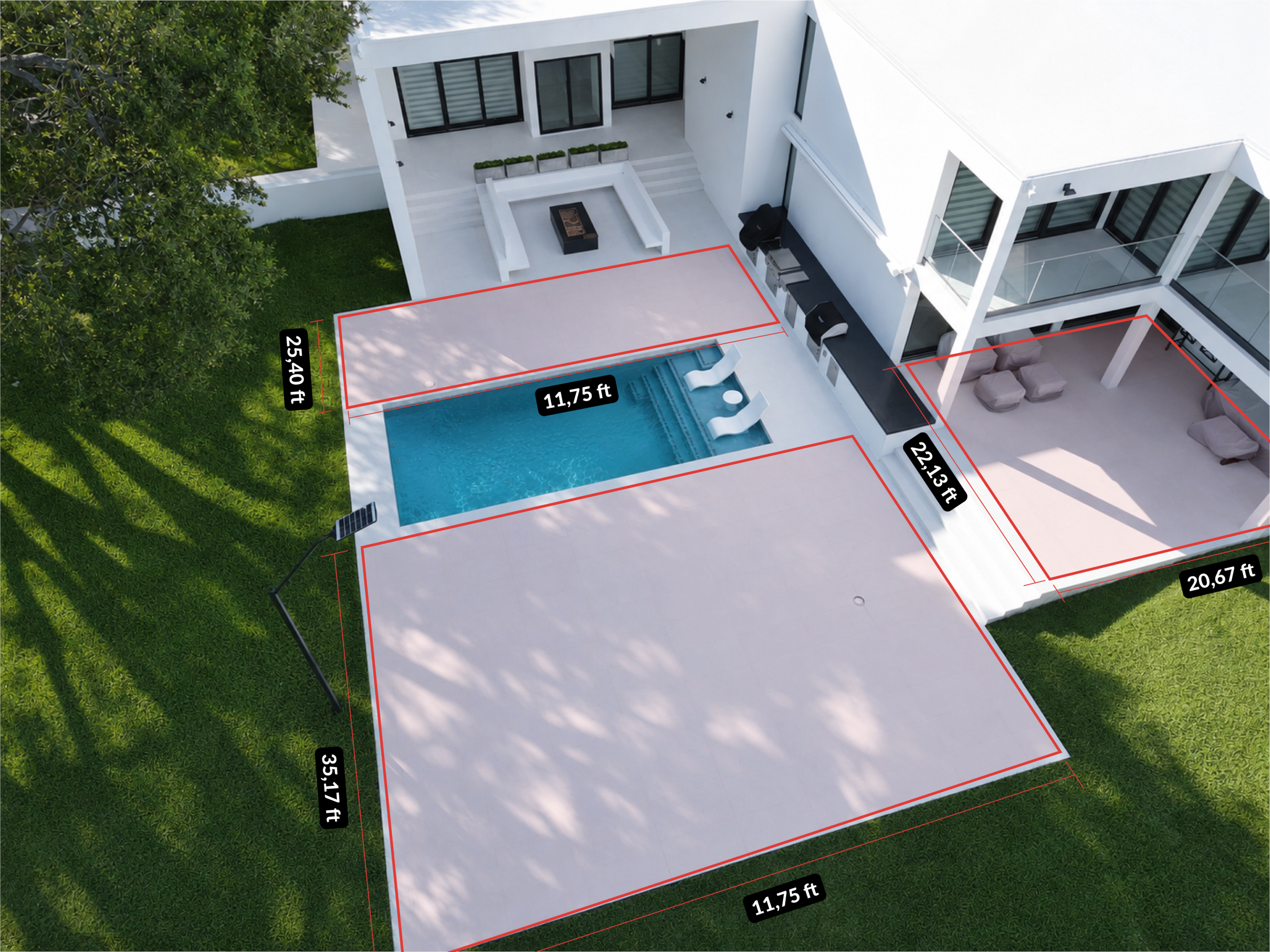 The image shows an aerial view of a modern backyard with a swimming pool, surrounded by concrete patios and grass, with dimensions labeled on each area.