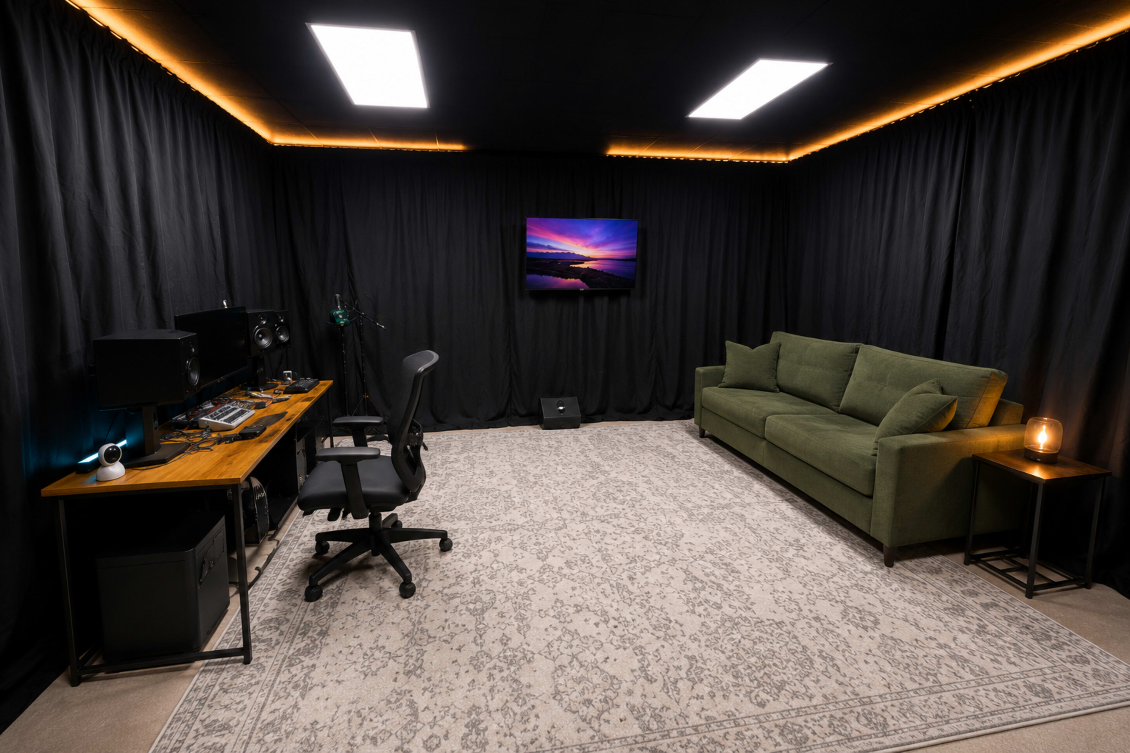 The image shows a dimly lit studio space with a dark curtain backdrop, a green couch, a wooden desk with audio equipment, and a television mounted on the wall.