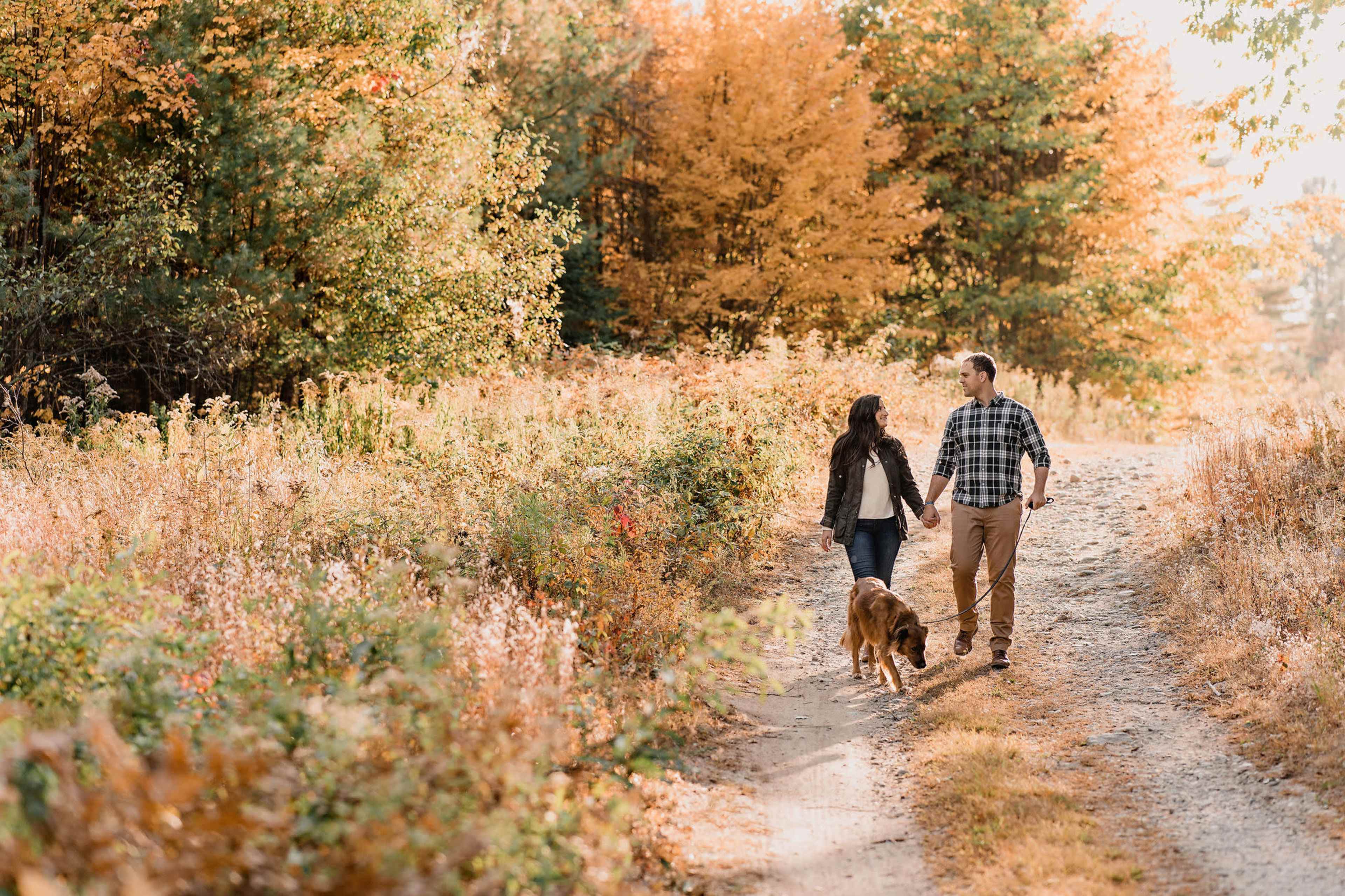 A couple walks hand in hand along a gravel path with a dog, surrounded by trees showing autumn foliage.