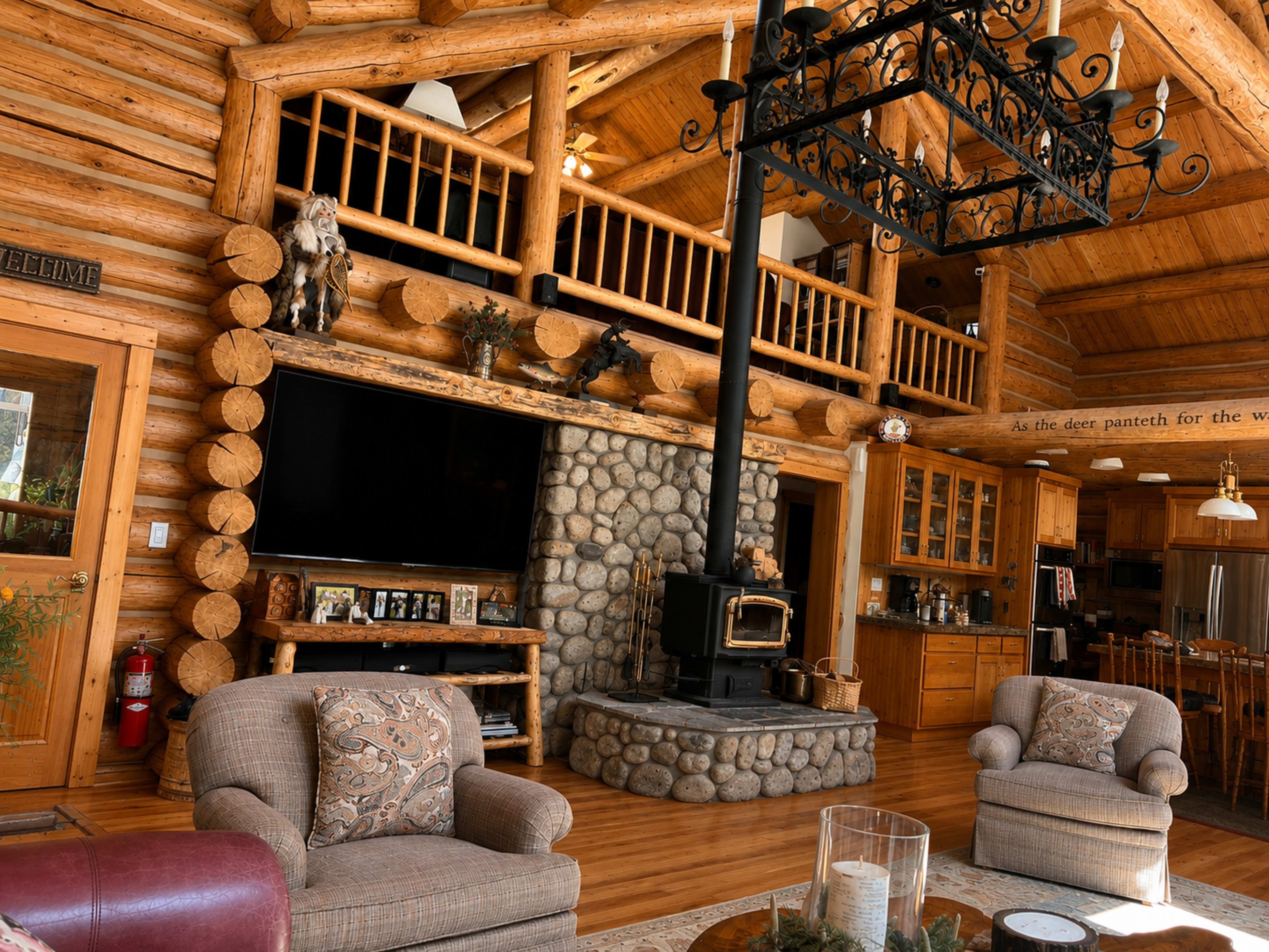 The interior of a log cabin features a stone fireplace, wooden beams, and cozy seating arrangements.