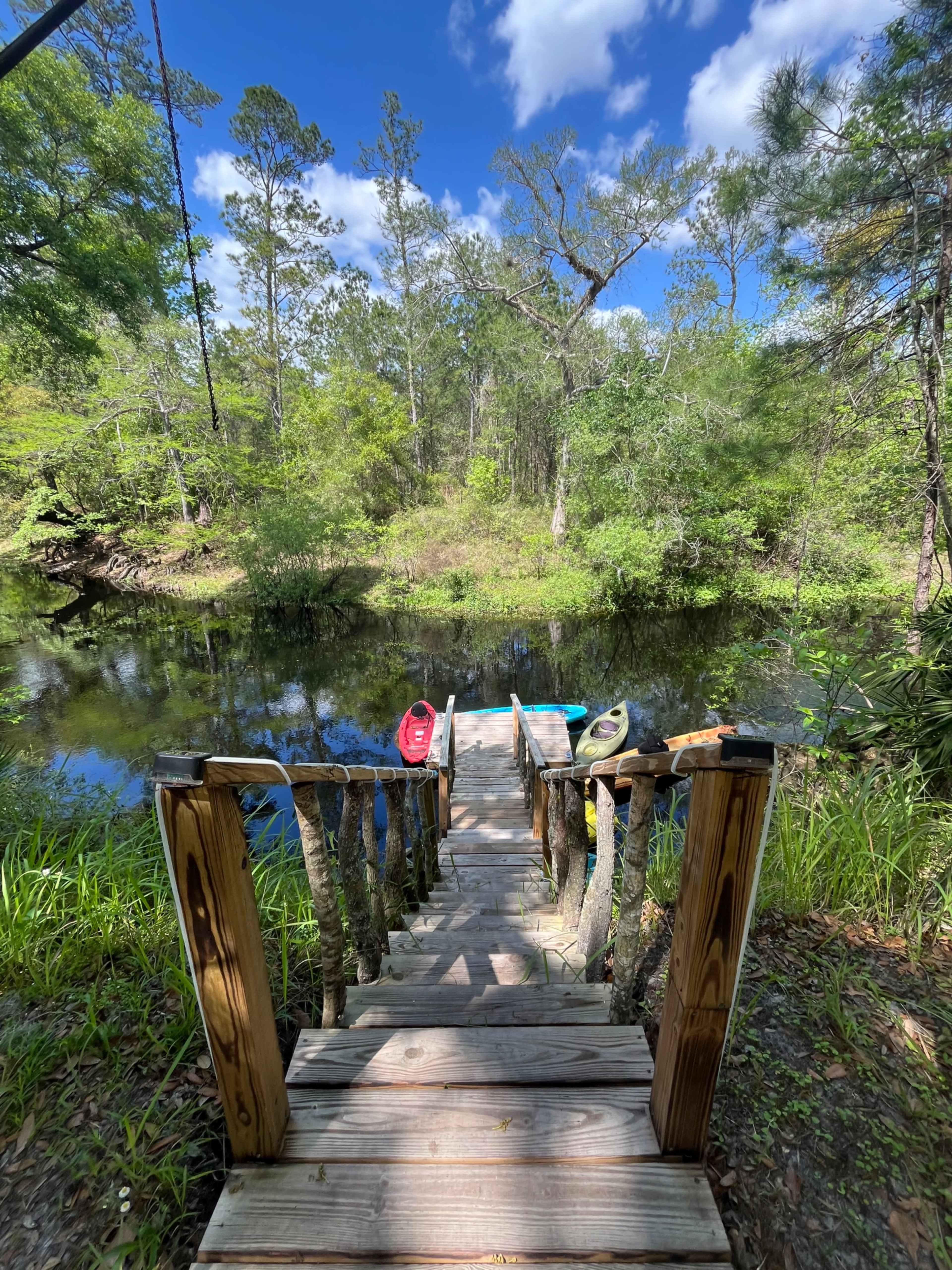 A wooden dock leads down to a calm pond surrounded by dense greenery and trees.