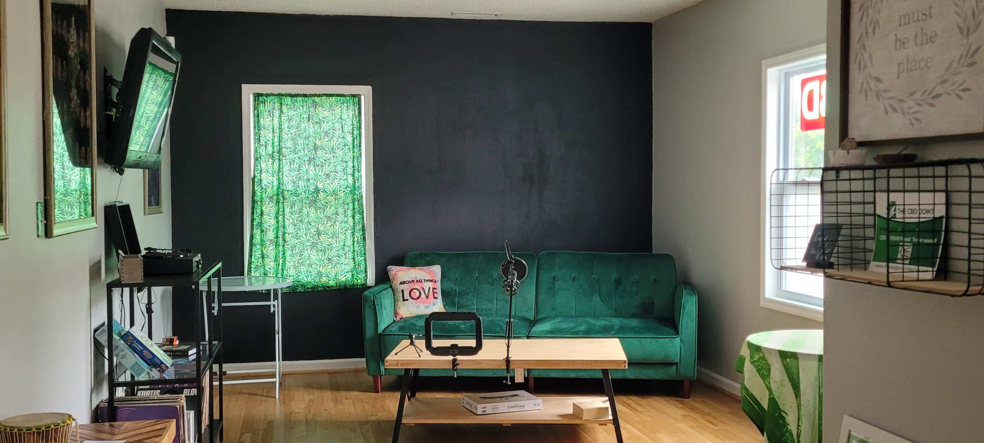 A living room with a green couch, a wooden coffee table, a microphone setup, and a large window with a green curtain.