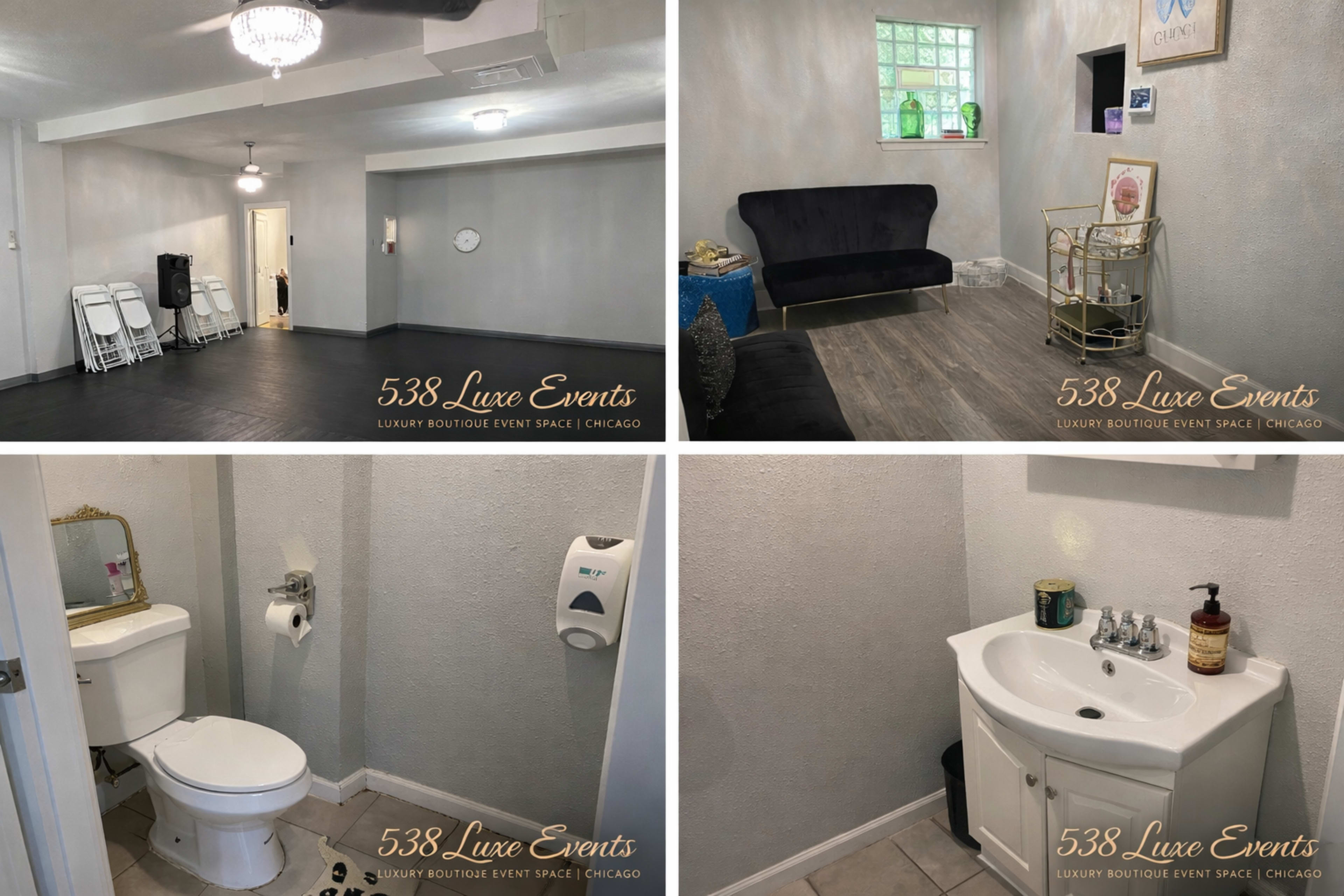 The image showcases a luxury boutique event space in Chicago, featuring four areas: a versatile meeting room, a cozy lounge, a restroom with basic amenities, and a sink area designed for guest use.