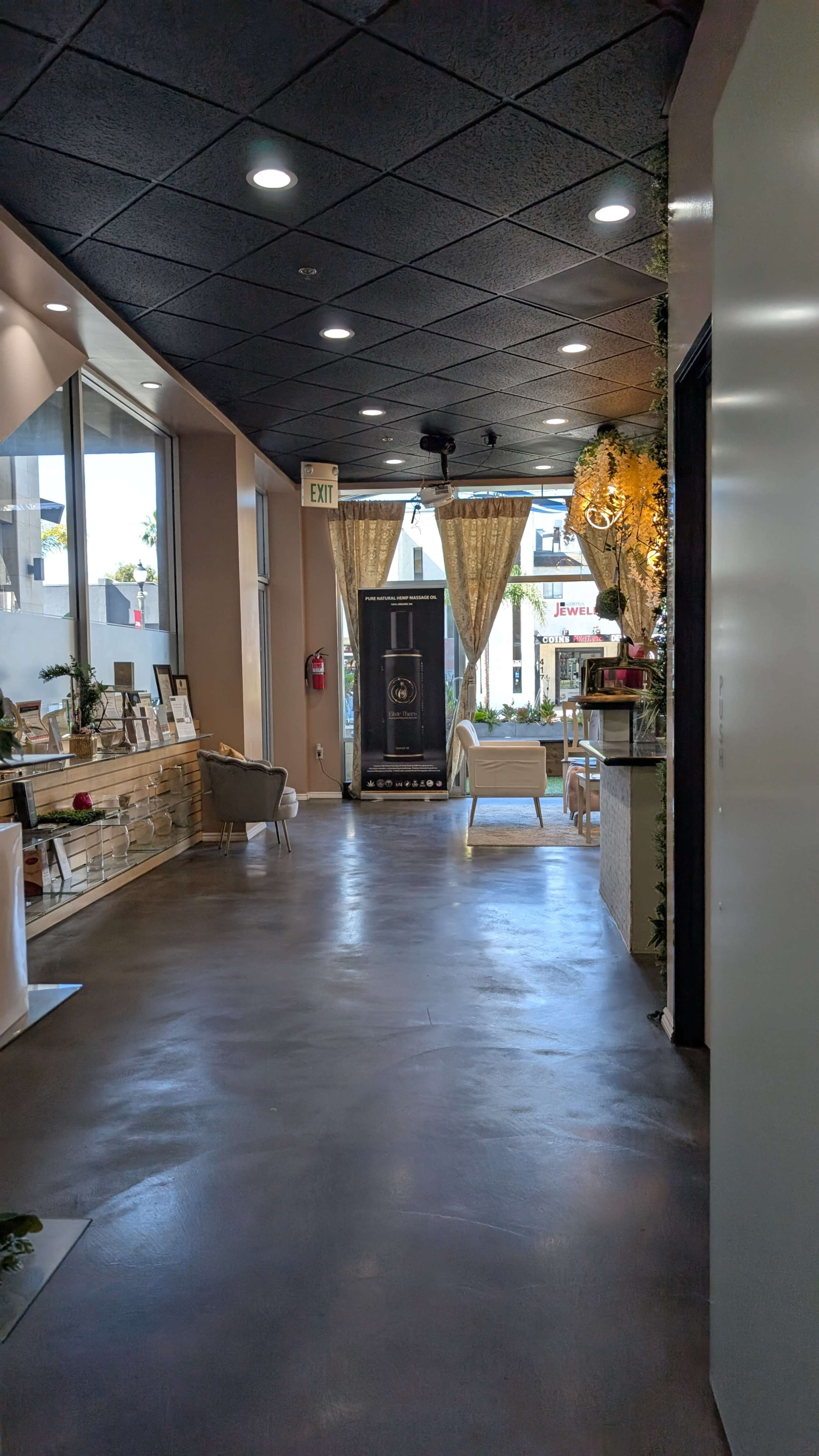 The image shows a well-lit hallway of a modern interior with decorative plants, furniture, and a large safe at the end.