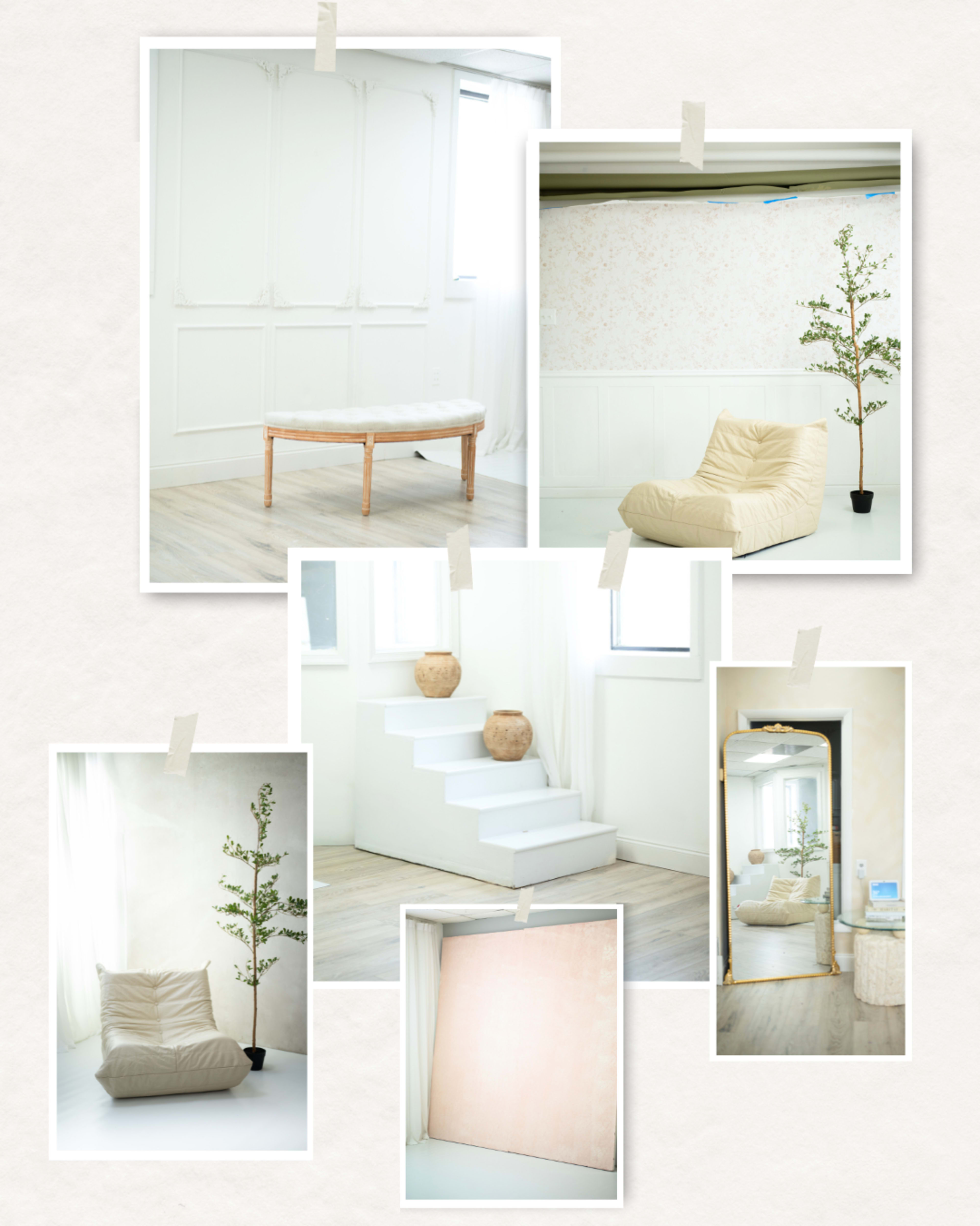 The image features a collage of minimalist interior spaces with light-colored walls, wooden elements, and simple furniture arrangements.