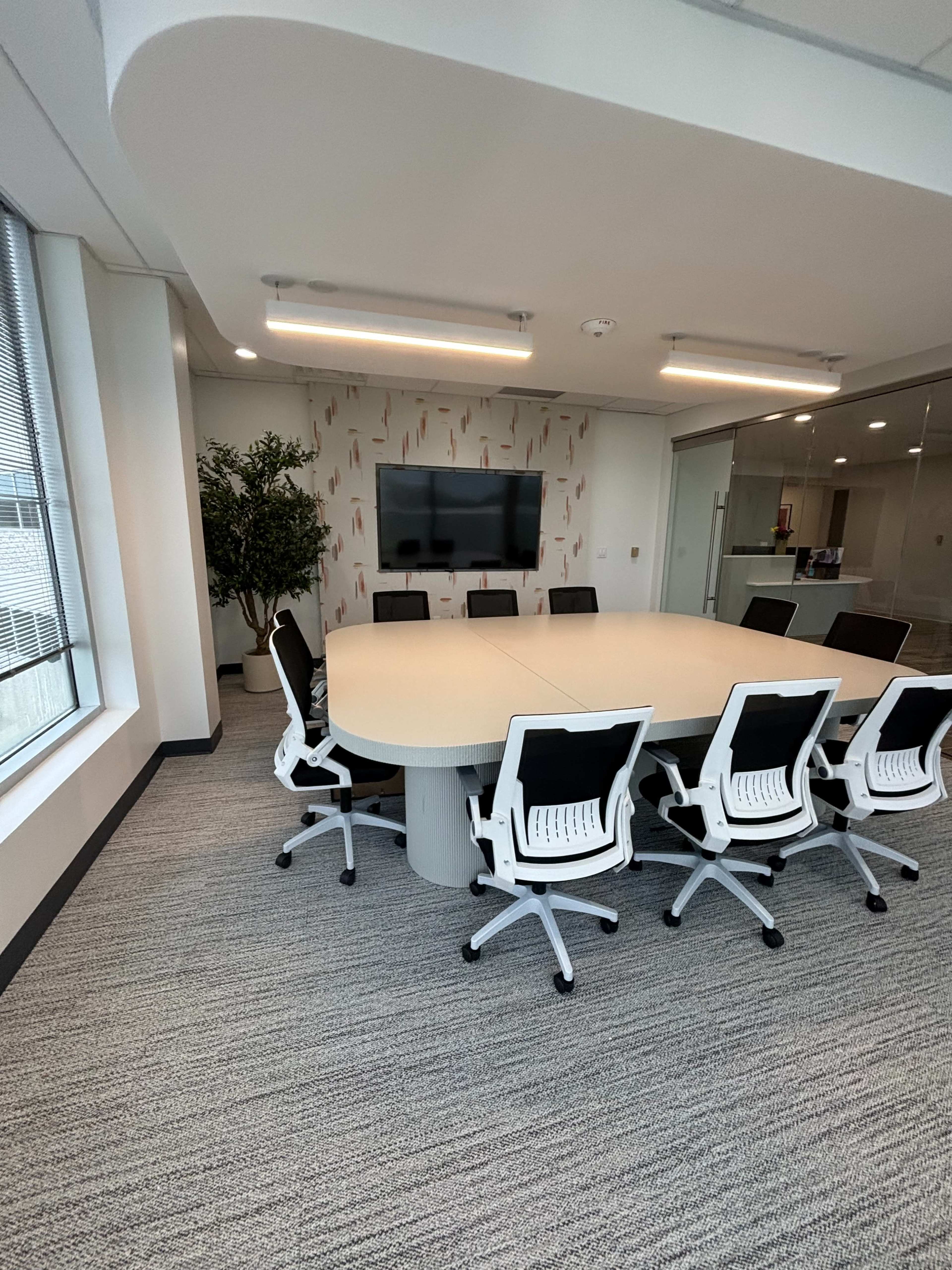 The image shows a modern conference room with a large round table surrounded by ergonomic chairs, a television mounted on the wall, and a decorative plant in a corner.