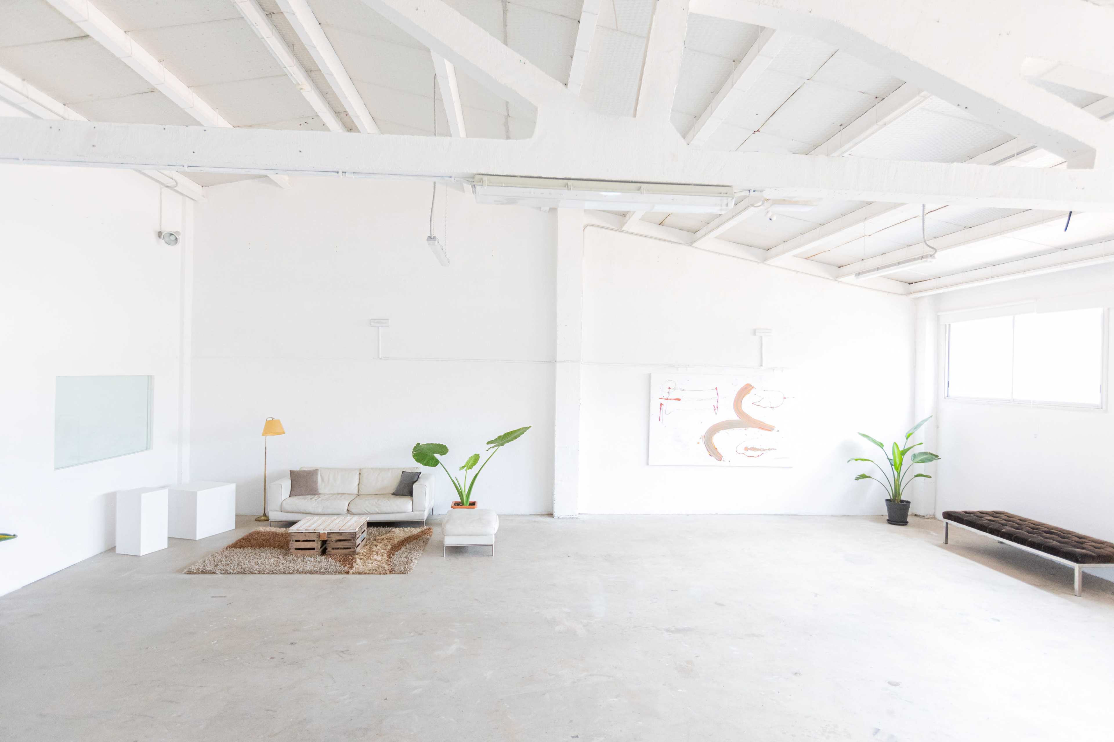 A bright, minimalist living space with white walls, a concrete floor, a low coffee table made of wooden pallets, a sofa, and a few green plants.