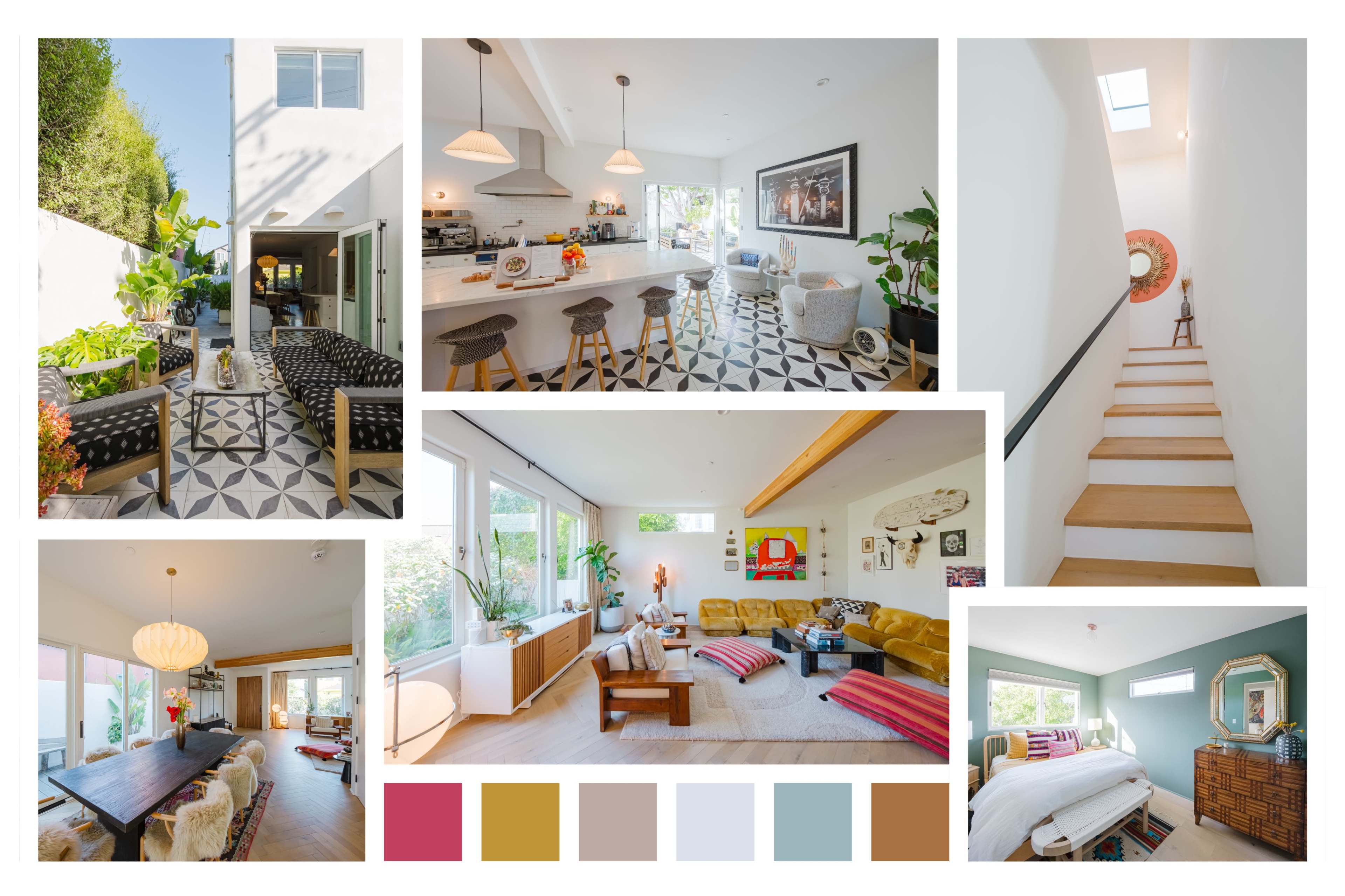 Various interior spaces of a modern home, showcasing a kitchen, living room, staircase, and other areas with distinct decor and color schemes.