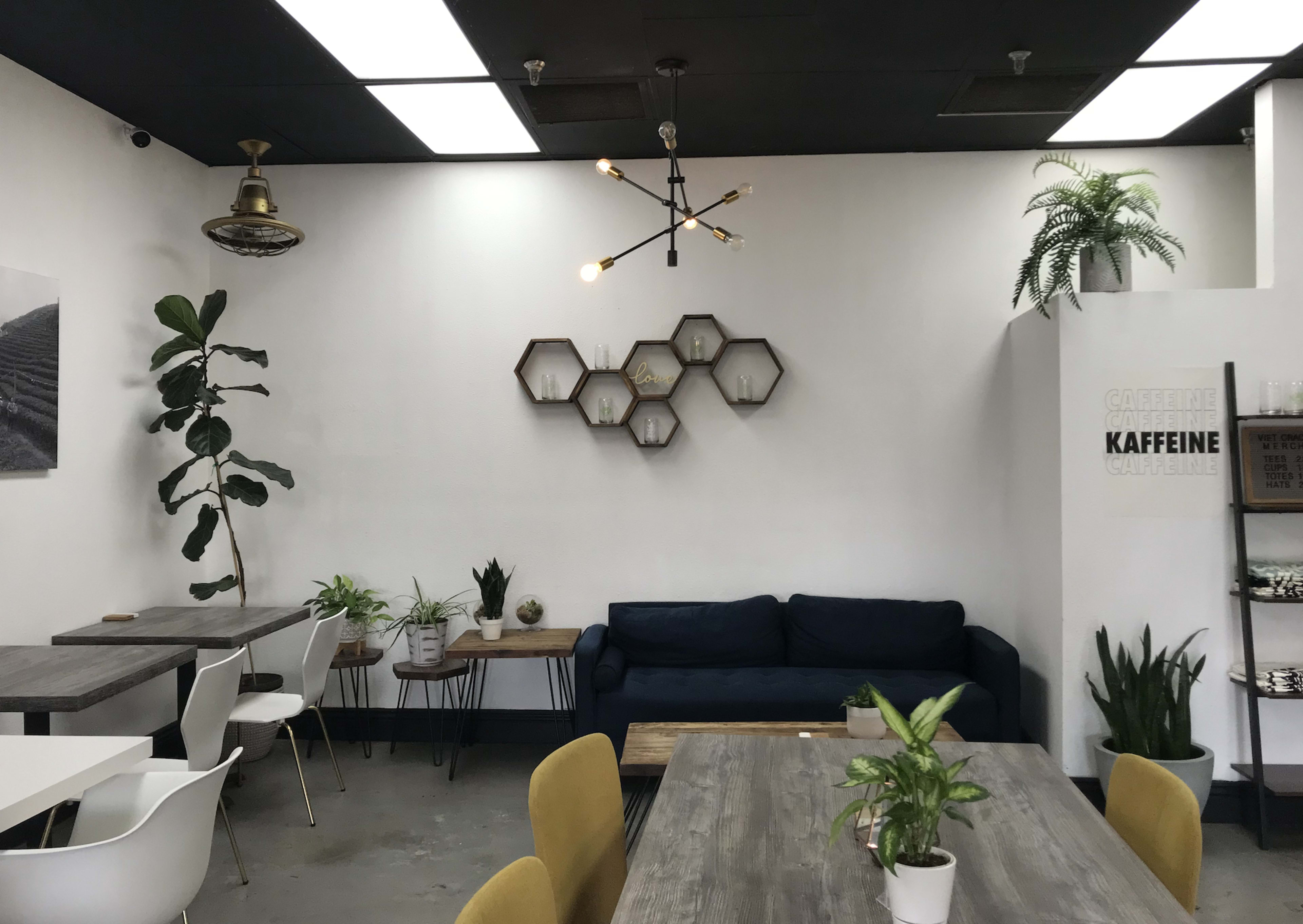 A modern café interior with a mix of seating arrangements, including wooden tables, a blue couch, and decorative plants on the walls and tables.