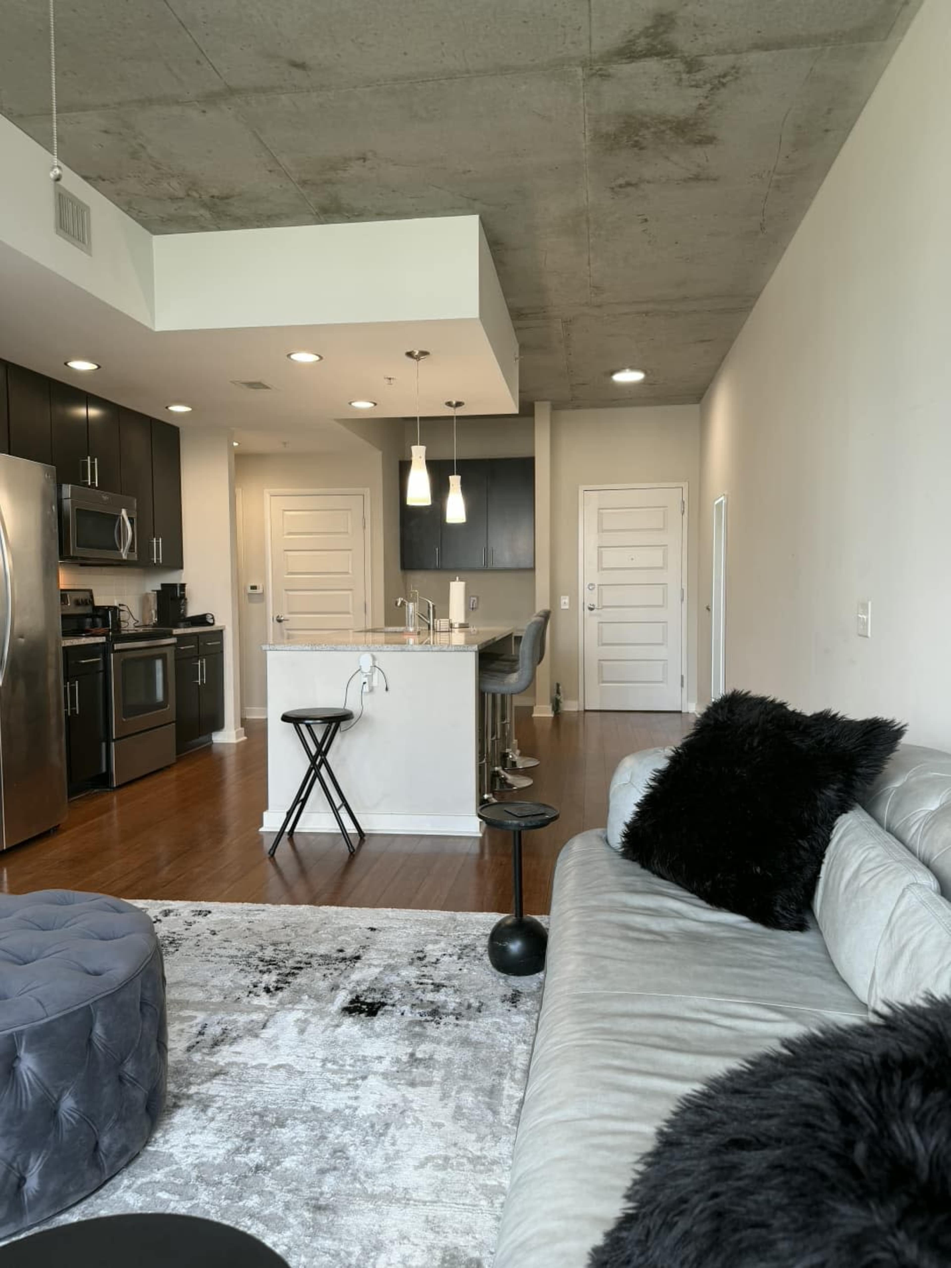 The image shows a modern apartment living space featuring a kitchen with stainless steel appliances and a seating area with a gray sofa and decorative pillows.