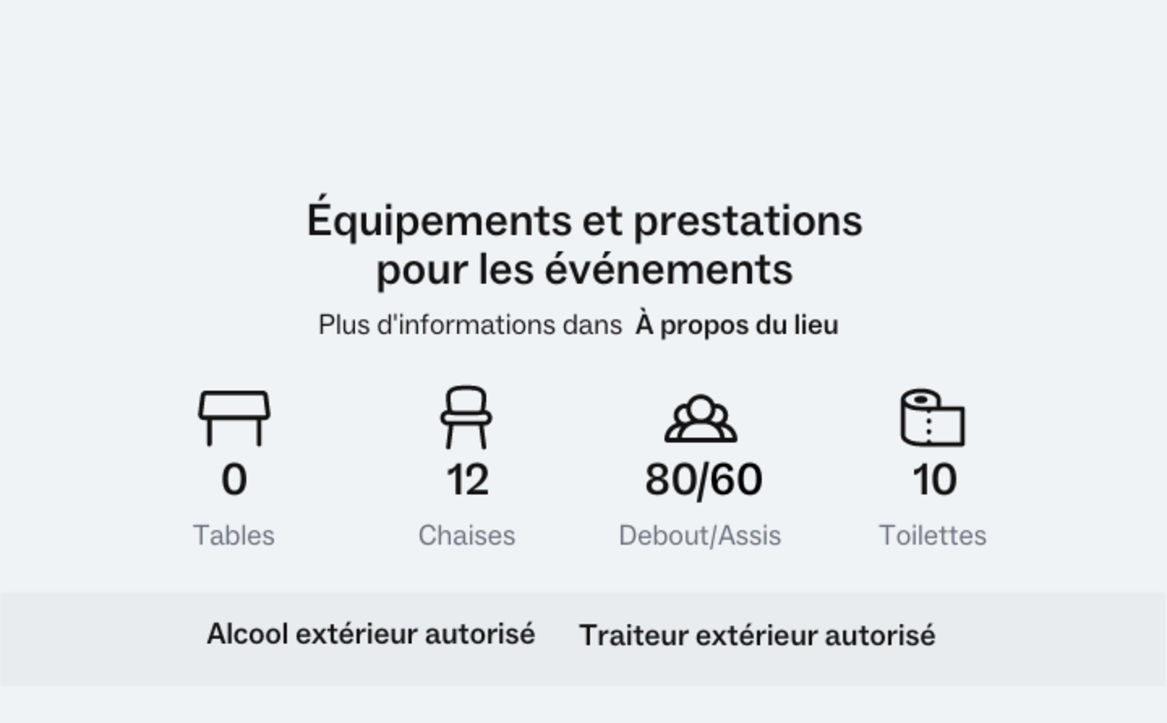 The image displays information about equipment and services available for events, including the number of tables, chairs, standing/seated capacity, and toilet facilities.